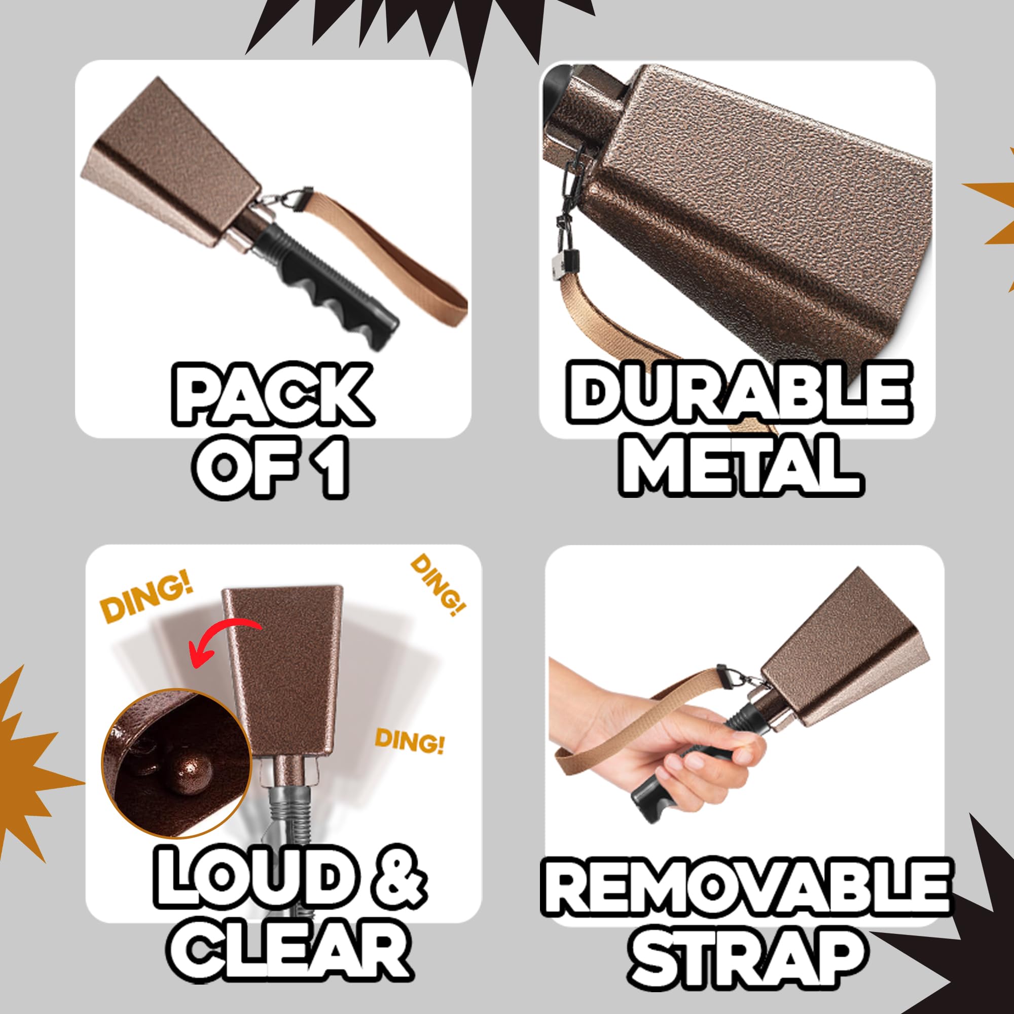Steel Cow Bell Loud Cheering Noise Makers for Sporting Events, Cowbell with Handle For Football Games, School Spirit, Rallies & Celebrations - Large Cow Bells Copper Matel Percussion Music Instrument