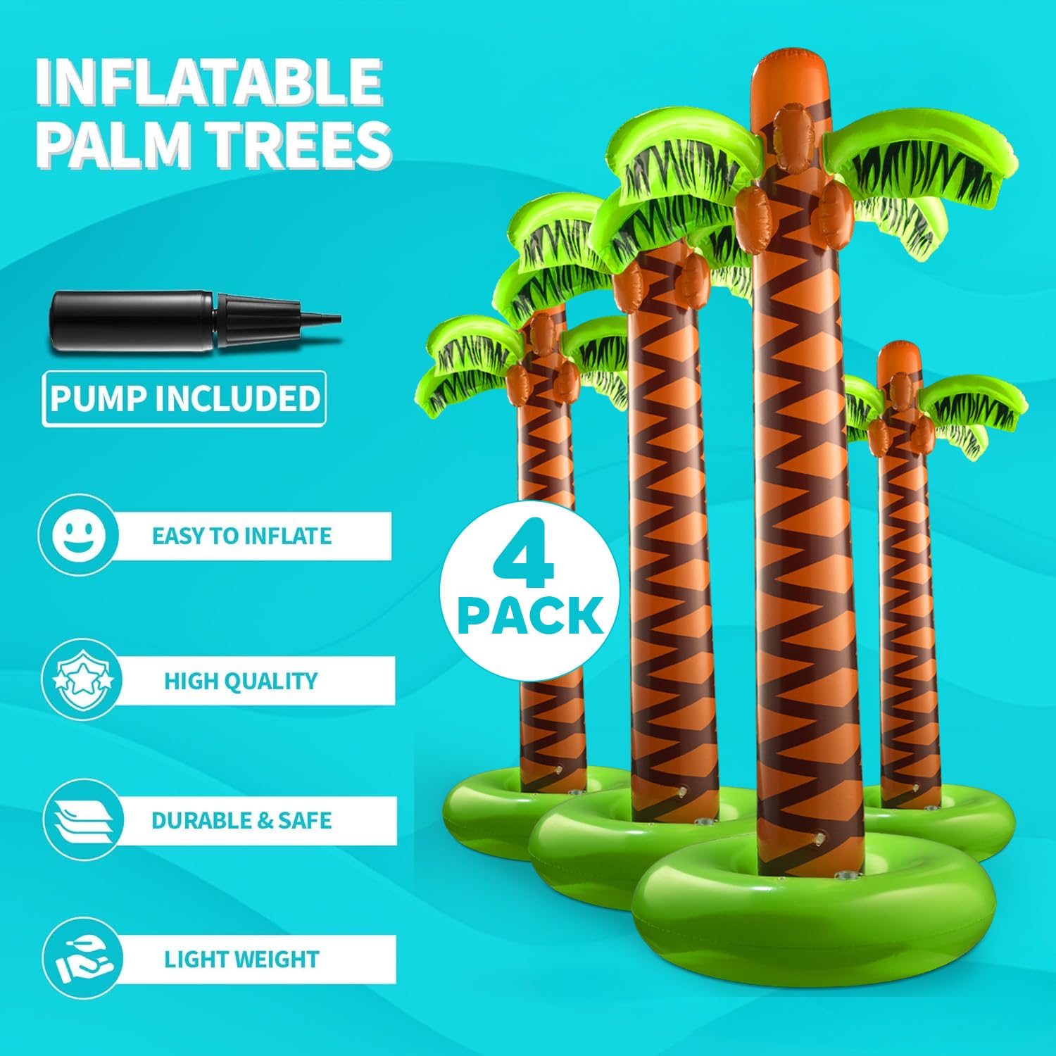 Bedwina Inflatable Palm Tree with Hand Pump - (Pack of 4) Large 5.5 Ft Blow Up Palm Tree Decorations for Luau or Hawaiian Party, Tropical Birthday Party Decorations