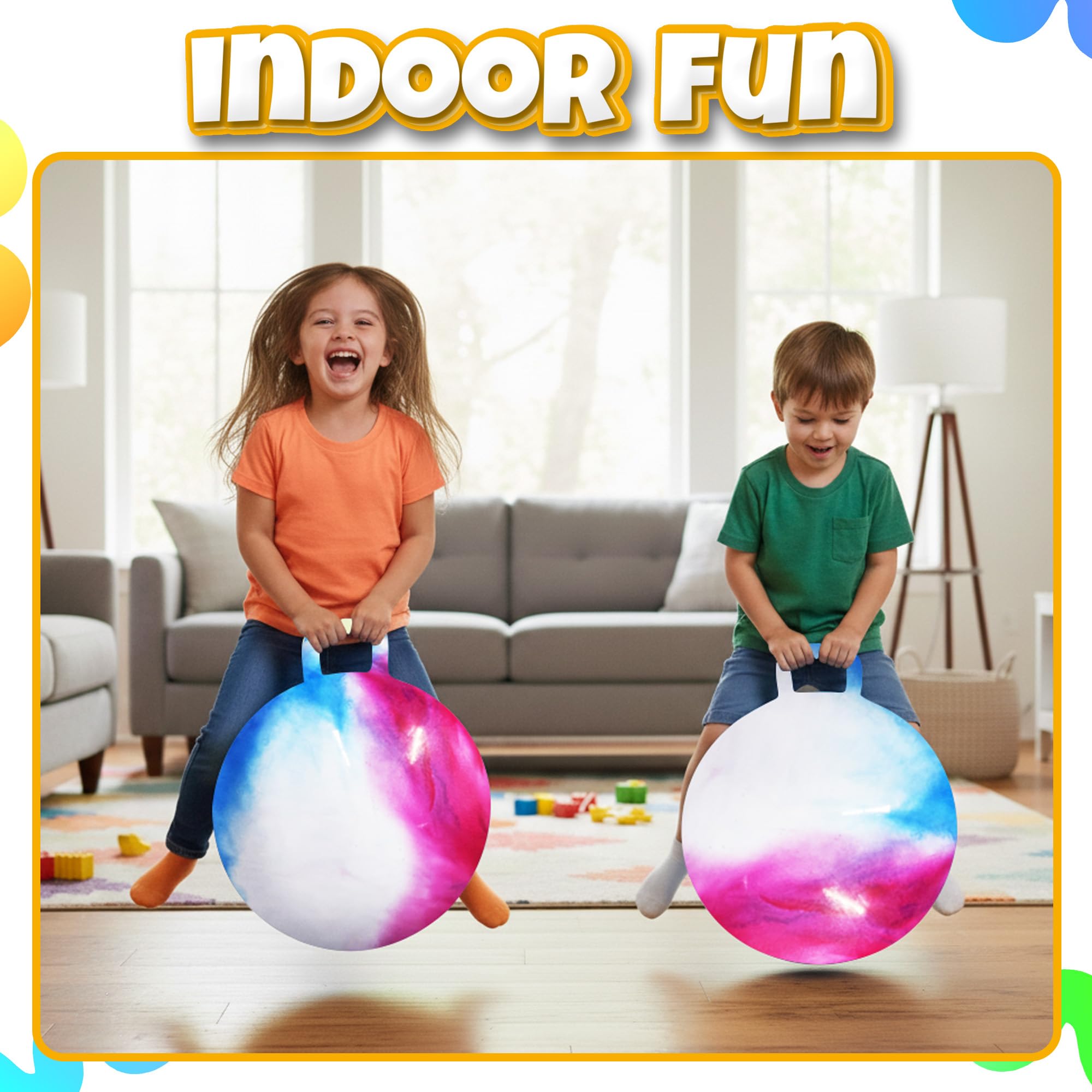Bedwina Hopper Ball with Handle for Kids 18-inch (45cm) Bouncy Balls for Kids, Jumping Kangaroo Hippity Hop, Hopping Sit and Spin with Handle with Hand Pump, Marble Blue/Red/White