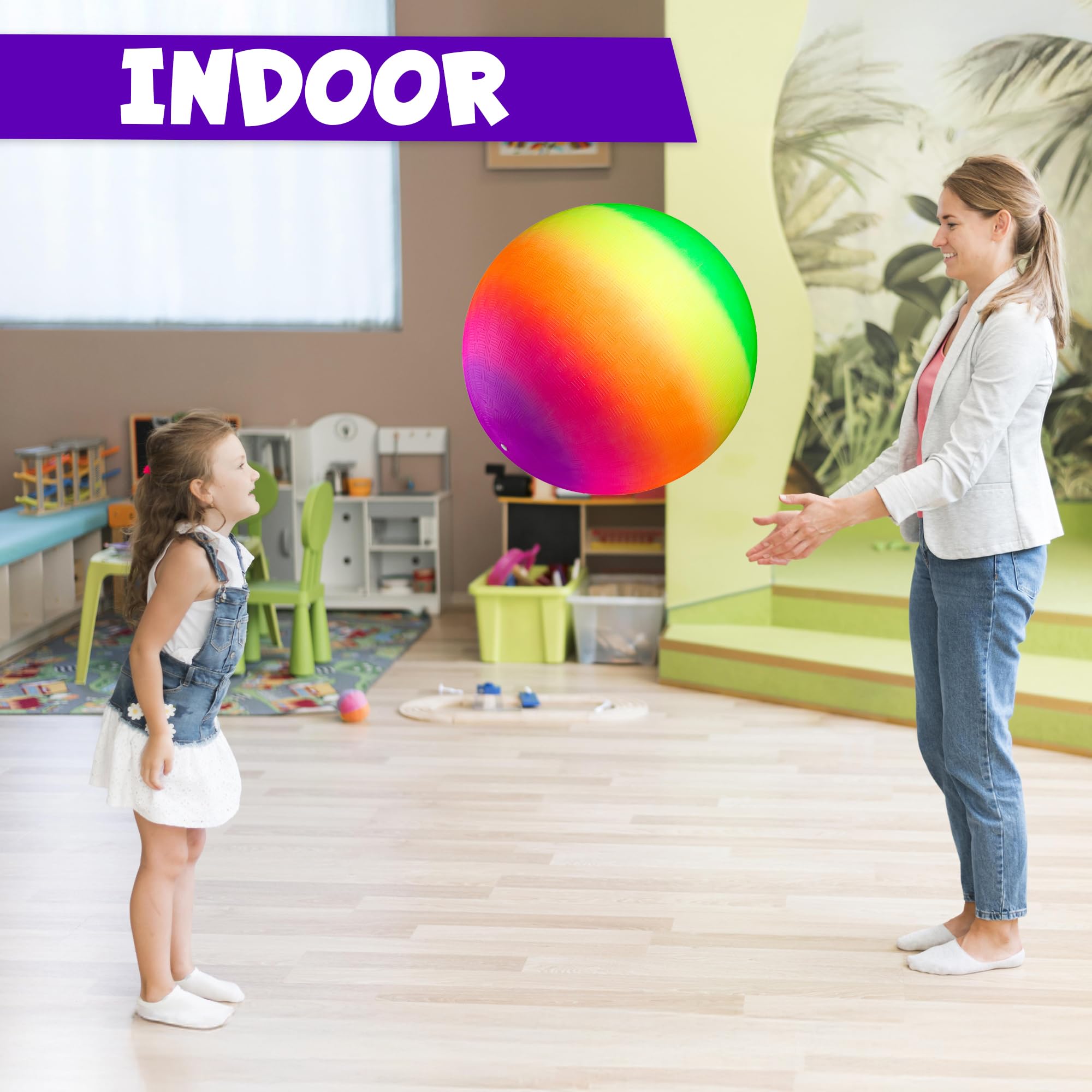 18 Inch Rubber Playground Balls for Kids - (2-Pack) Giant Large Rainbow Inflatable Bouncy Play Ball - Big Size, Kickballs, Fun for Park, Recess, Backyard, Indoor and Outdoor Games with Hand Pump