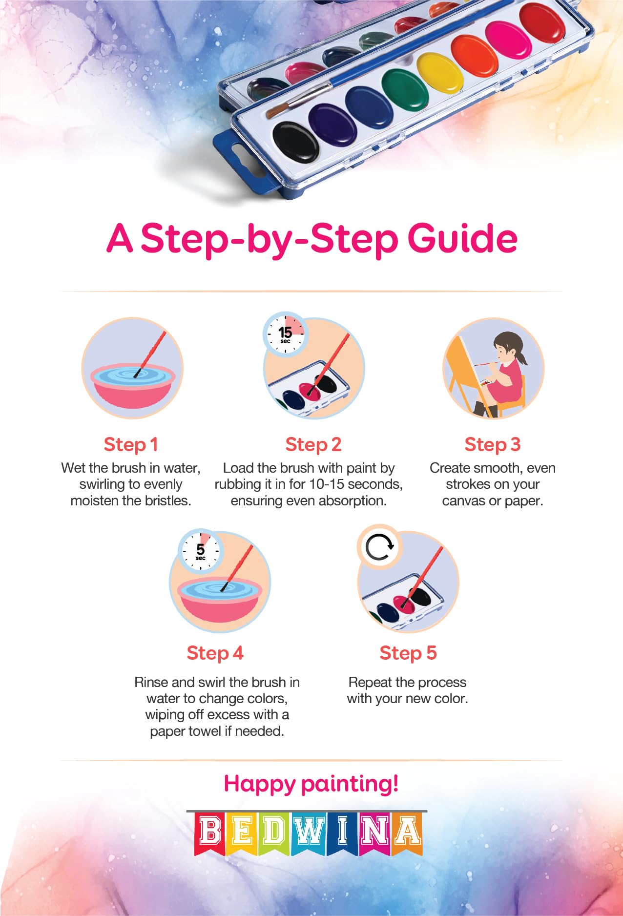 Bedwina Watercolor Paint Sets for Kids - Bulk Pack of 12, 8 Washable Water Color Paints in Palette Tray and Painting Brush for Coloring, Art, Classrooms and Paint Party Supplies