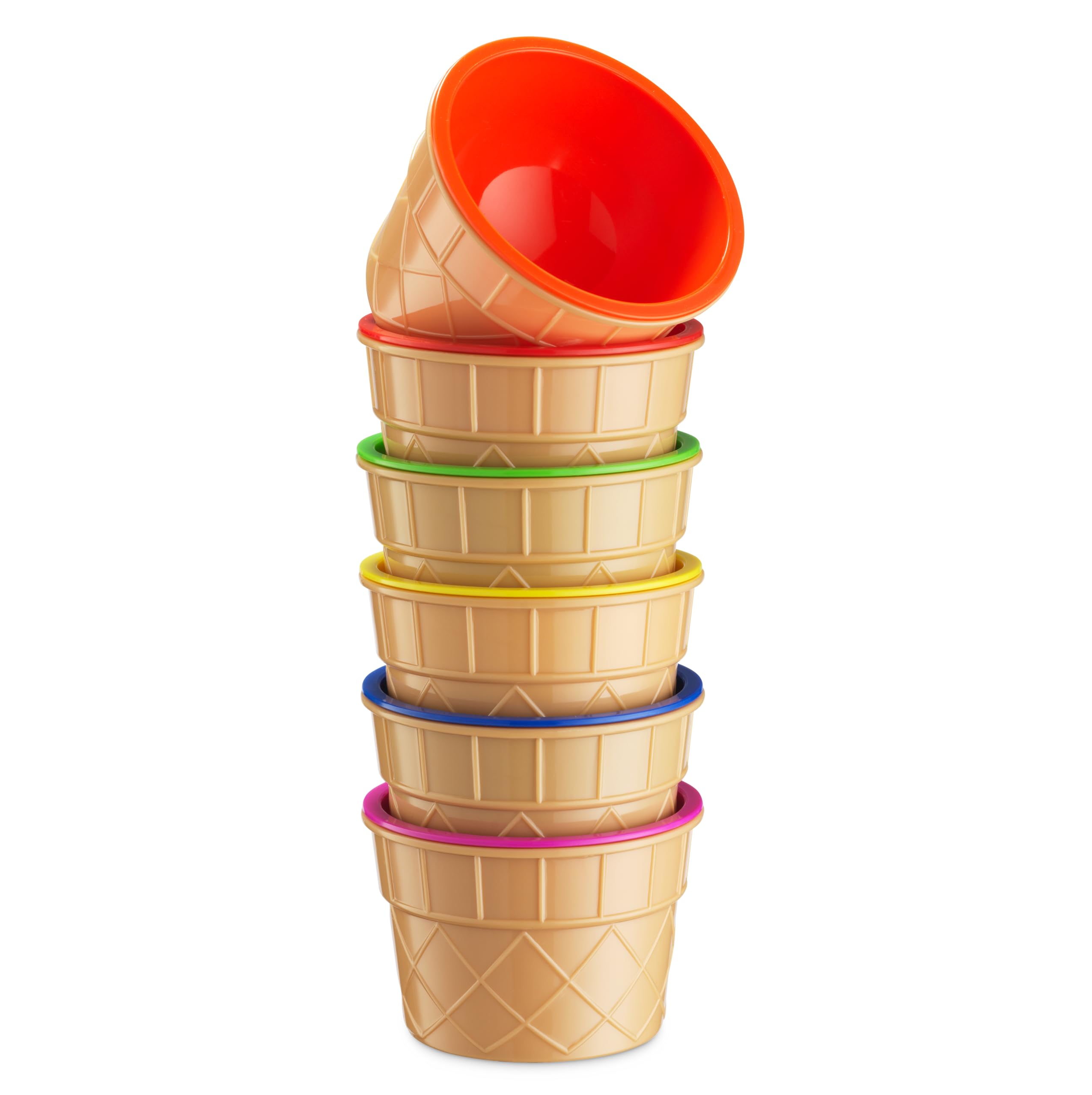 JoyServe Ice Cream Bowls and Spoons Set - Reusable Plastic Ice Cream Cups and Waffle Cone Shaped Spoons for Dessert Ice Cream Sundaes, Frozen Yogurt, Gelato, Birthday Party Decorations