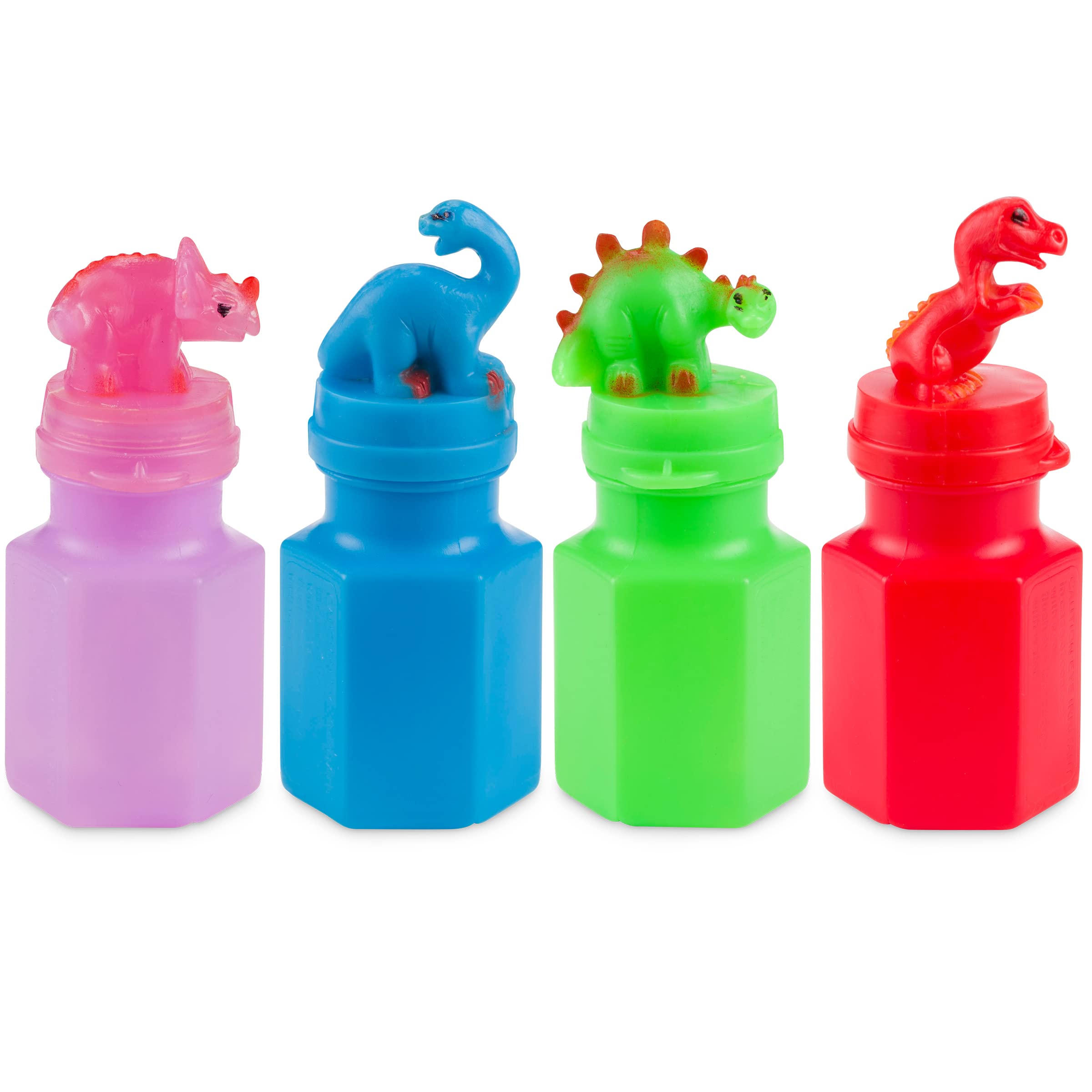 Dinosaur Bubbles Party Favors for Kids - (24-Pack Bulk) Assorted 3-Inch Dino Bubble Bottles with Bubble Wands, Outdoor Summer Toy for Birthday Goodie Bags, Easter Baskets & Prizes