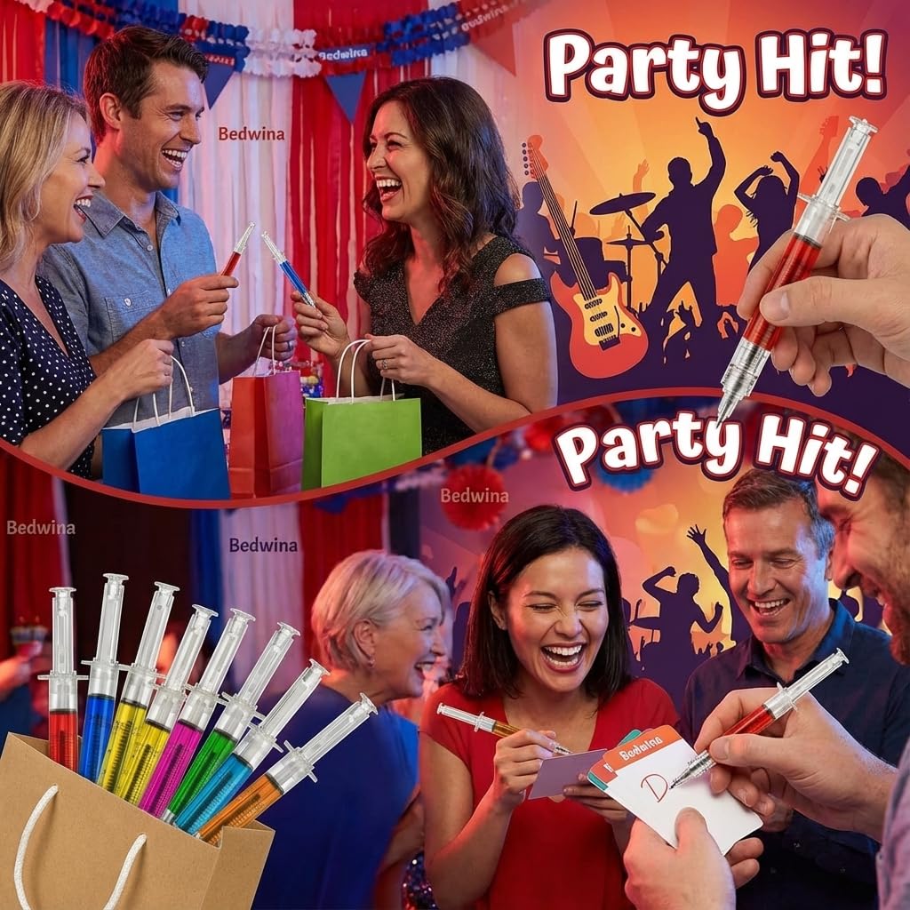 Bedwina Syringe Pens - (Bulk Pack of 24) Retractable Fun Multi Color Novelty Pen for Nurses, Nursing Student School Supplies, Birthdays, Stocking Stuffers and Toy Party Favor Gifts