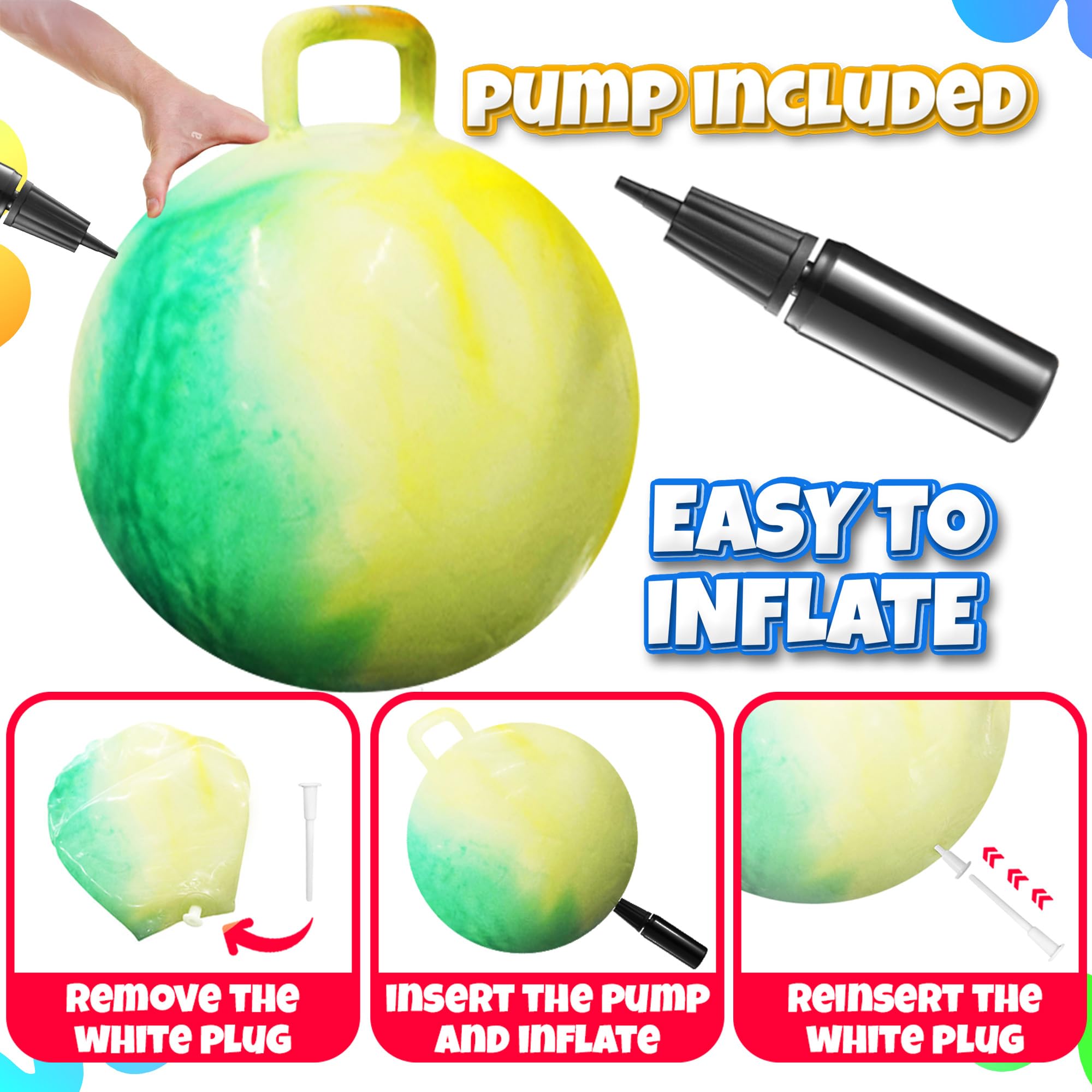 Bedwina Hopper Ball with Handle for Kids 20-inch (50cm) Bouncy Balls for Kids, Jumping Kangaroo Hippity Hop, Hopping Sit and Spin with Handle with Hand Pump, Marble Green & Yellow