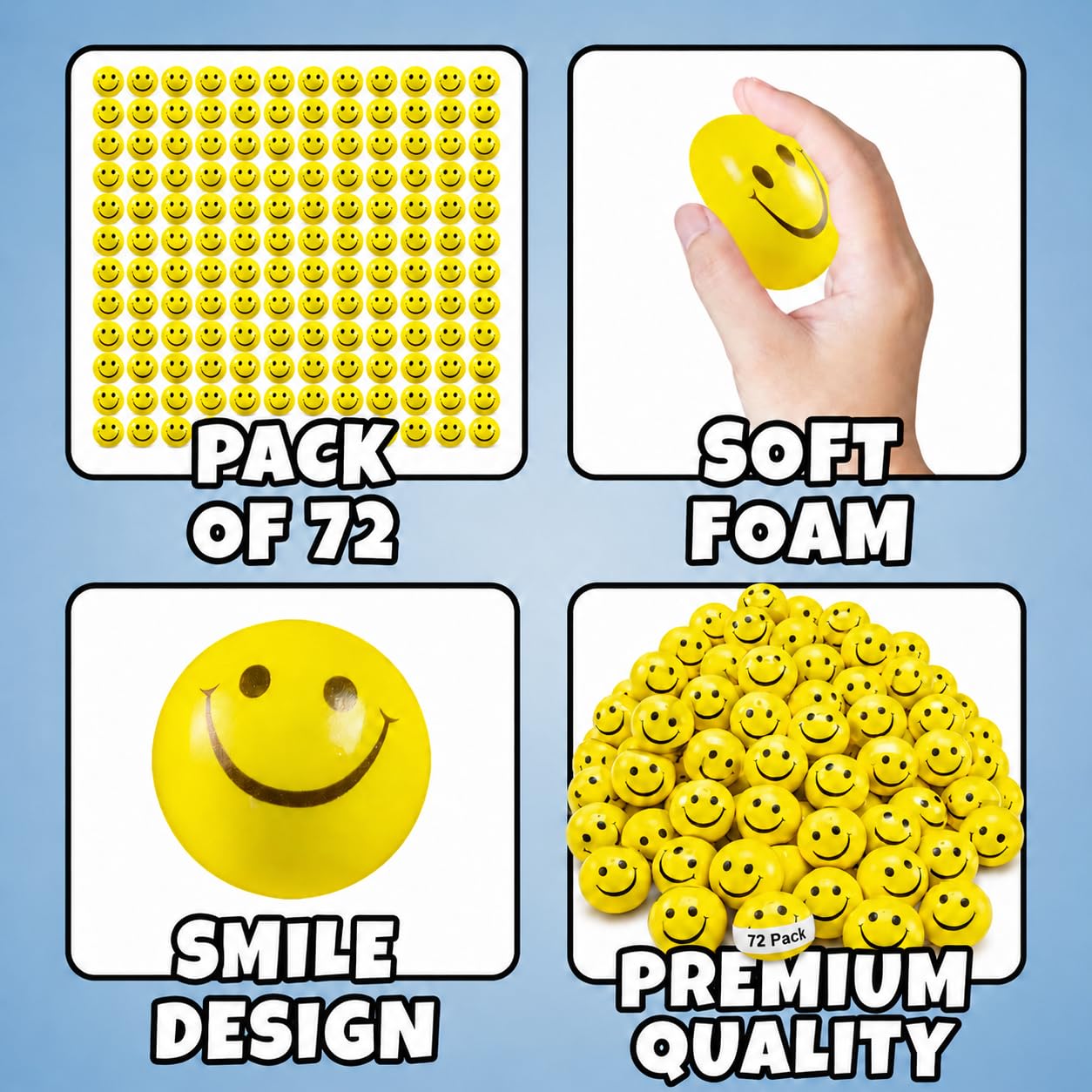 Smile Face Squeeze Balls (72 Pcs Bulk) for Kids and Adults, 2 Inch Mini Yellow Fun Happy Face Stress Anxiety Relief Balls, Hand Therapy Sensory Fidget Toy, Classrooms, Game Prize, Party Favor Gift
