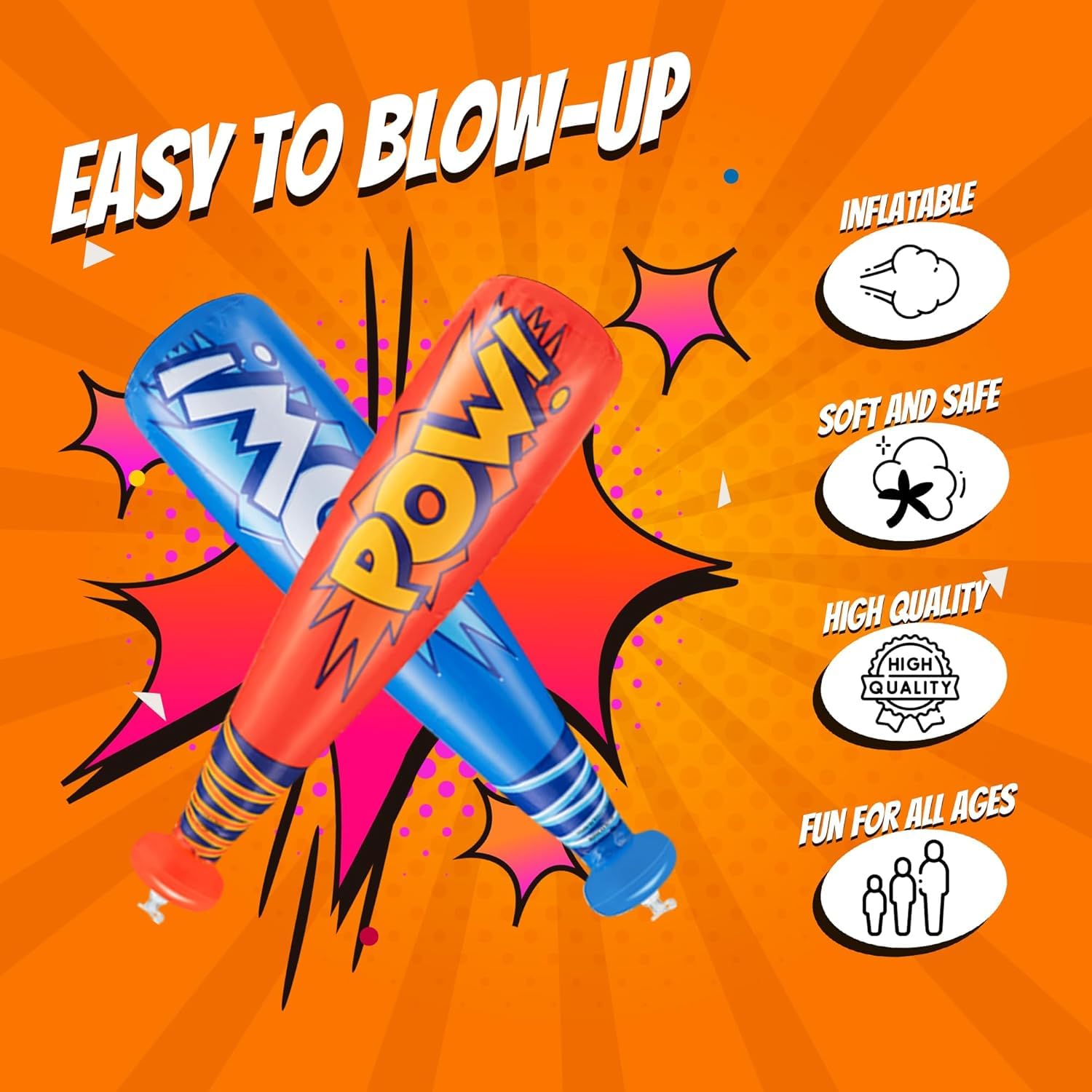 Bedwina Pow Inflatable Baseball Bat - (Pack of 36) Oversized 20 Inch Inflatable Toy Bat, Carnival Prizes, Baseball Party Favors Goodie Bag Stuffers, Decorations Party Prizes for Kids