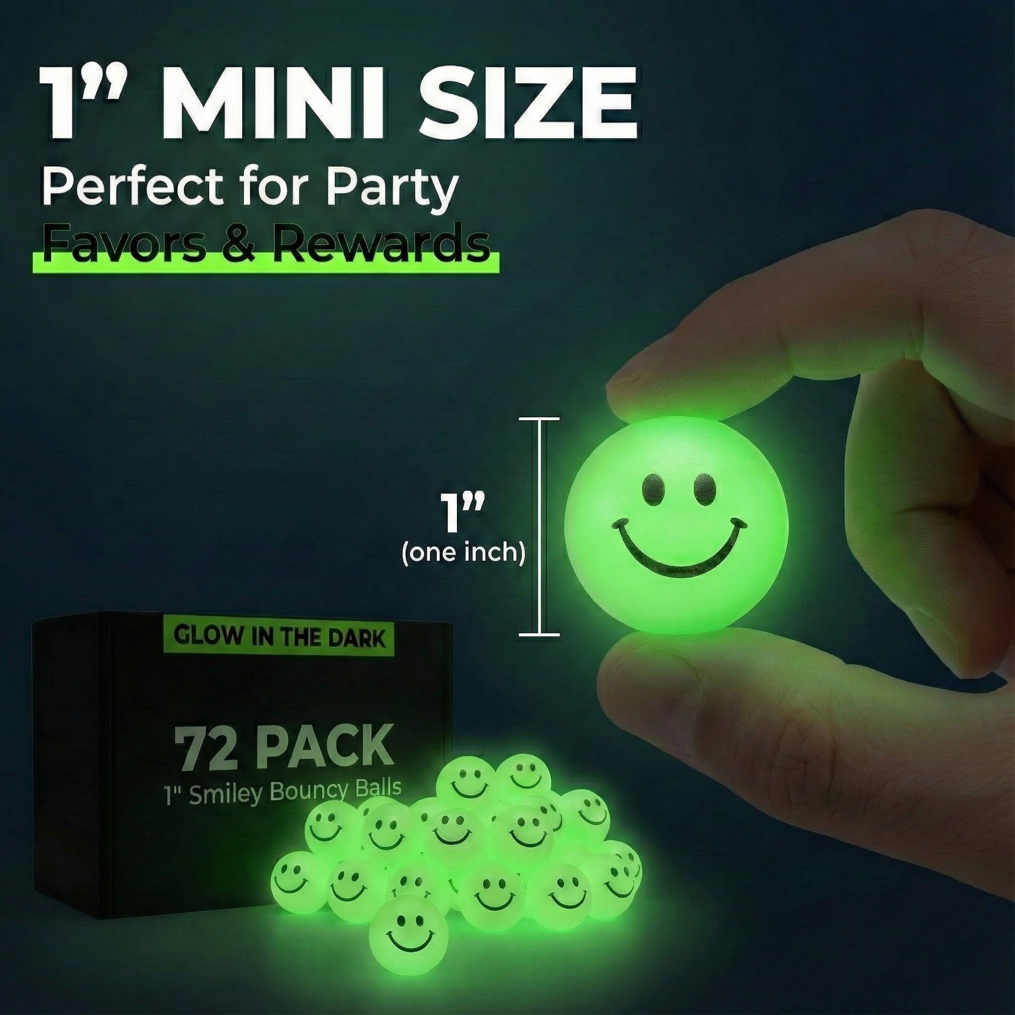 Bulk Bouncy Balls Glow in the Dark - 72 Pcs (1inch / 27mm) Diameter, High Bouncing, Small Rubber Smile Face Bouncing Balls for Kids, Vending Machines, Game Prize Toys, Party Favor, Gift Bag Filler