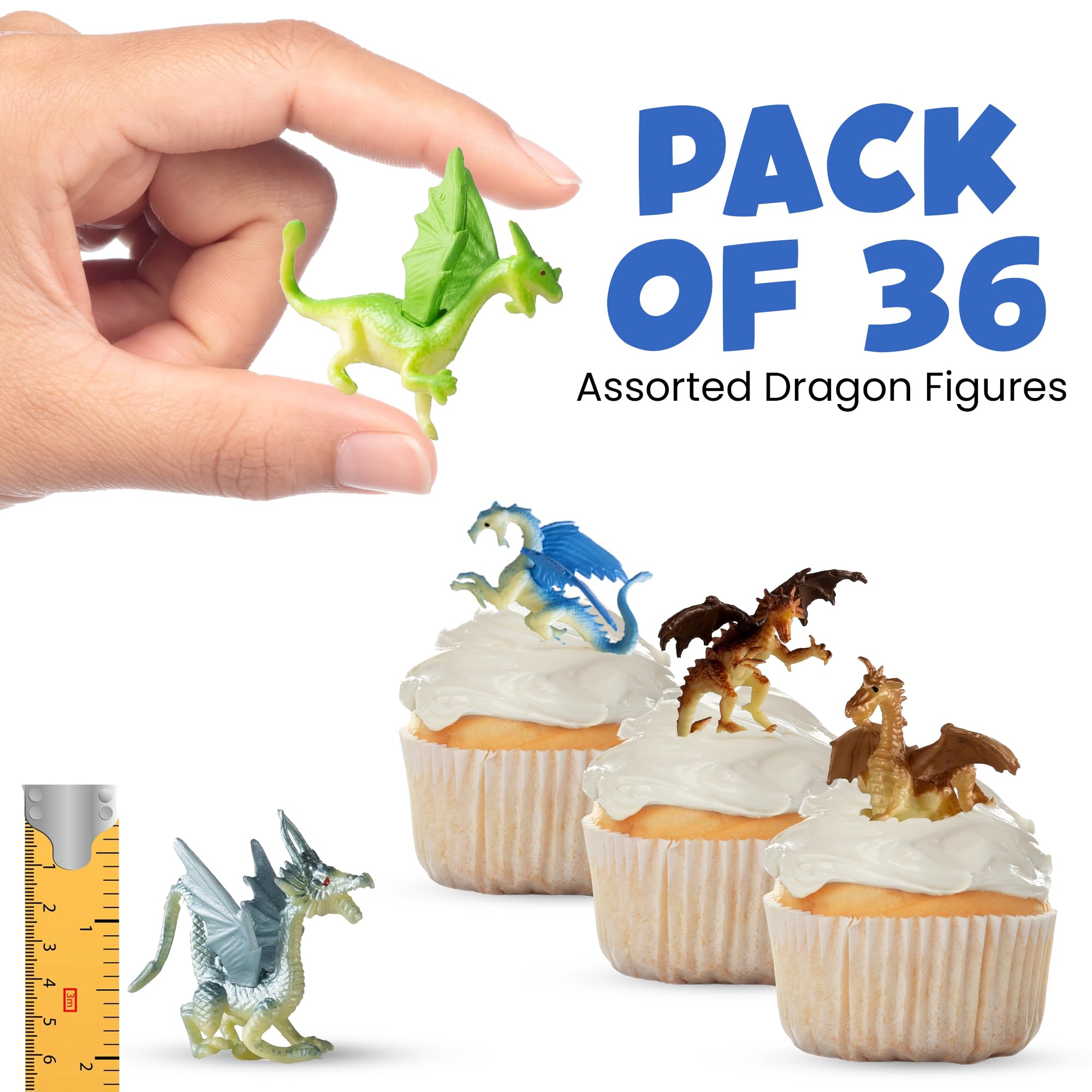 Bedwina Mini Dragon Toy Figures - (Pack of 36) 2 Inch Plastic Rubbery Dragon Figurines in Assorted Colors and Styles - Kids Toys for Birthday Party Favors, Decorations, Cupcake Toppers and Piñatas