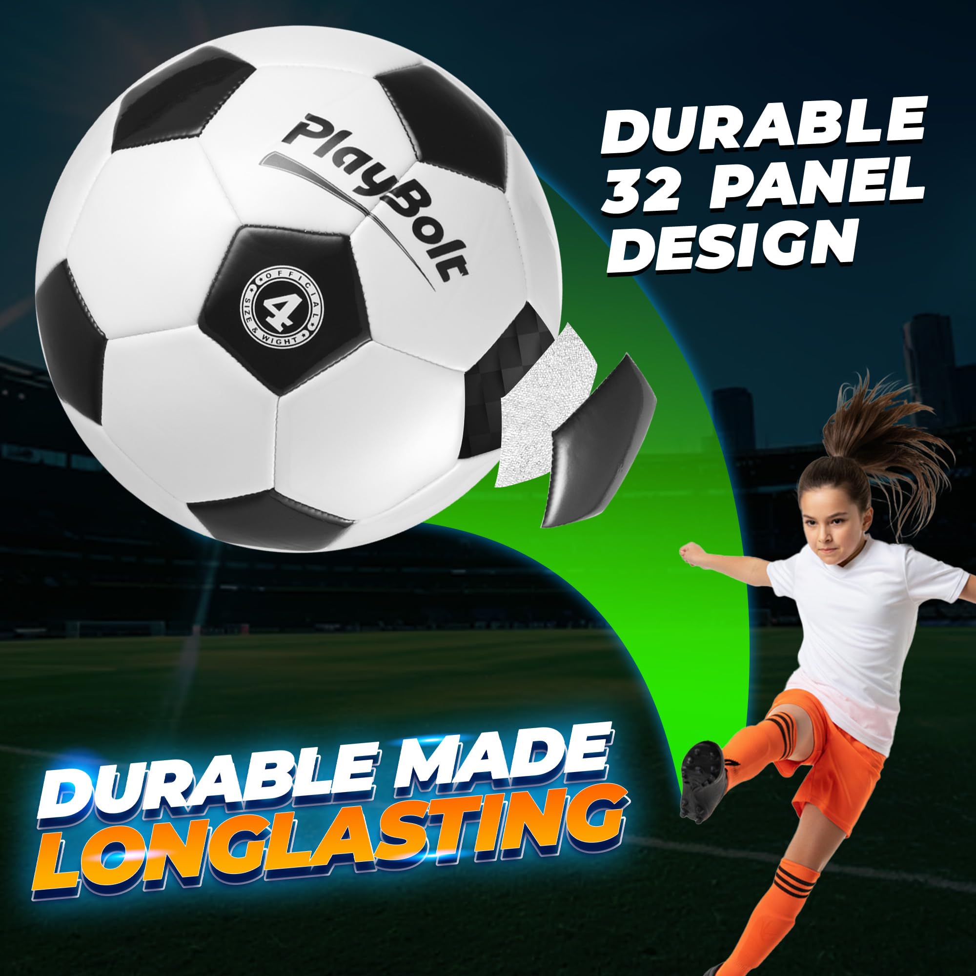 PlayBolt Soccer Ball Size 4 - Official Size Soccer Balls with Pump in Classic Black and White for Kids Youth & Adult Sports, Indoor & Outdoor (Pack of 1)