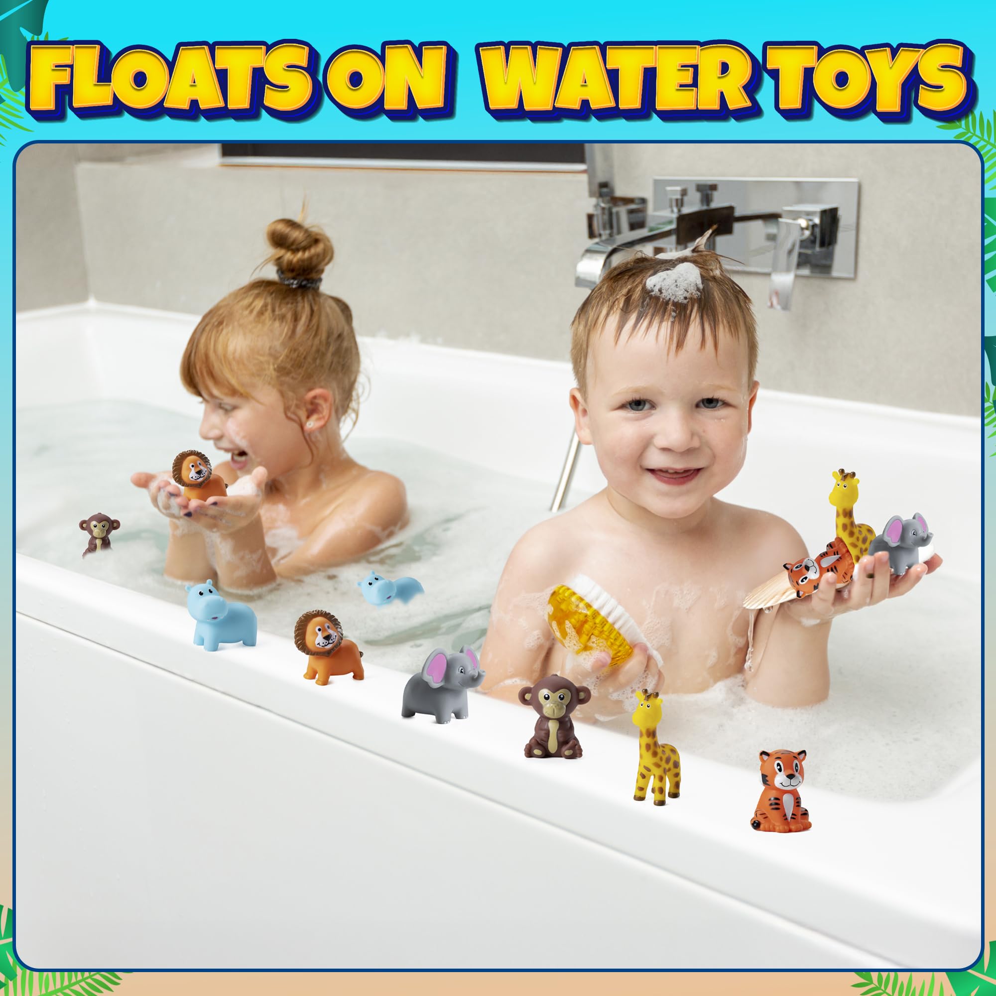 Mini Zoo Animals Bath Toys - Vinyl Rubber Jungle Safari Animal Figures, Squeezable Bath Tub Toys for Kids, Baby Shower, Birthday Party Supplies, Favors, Cake Decor, Table Decorations