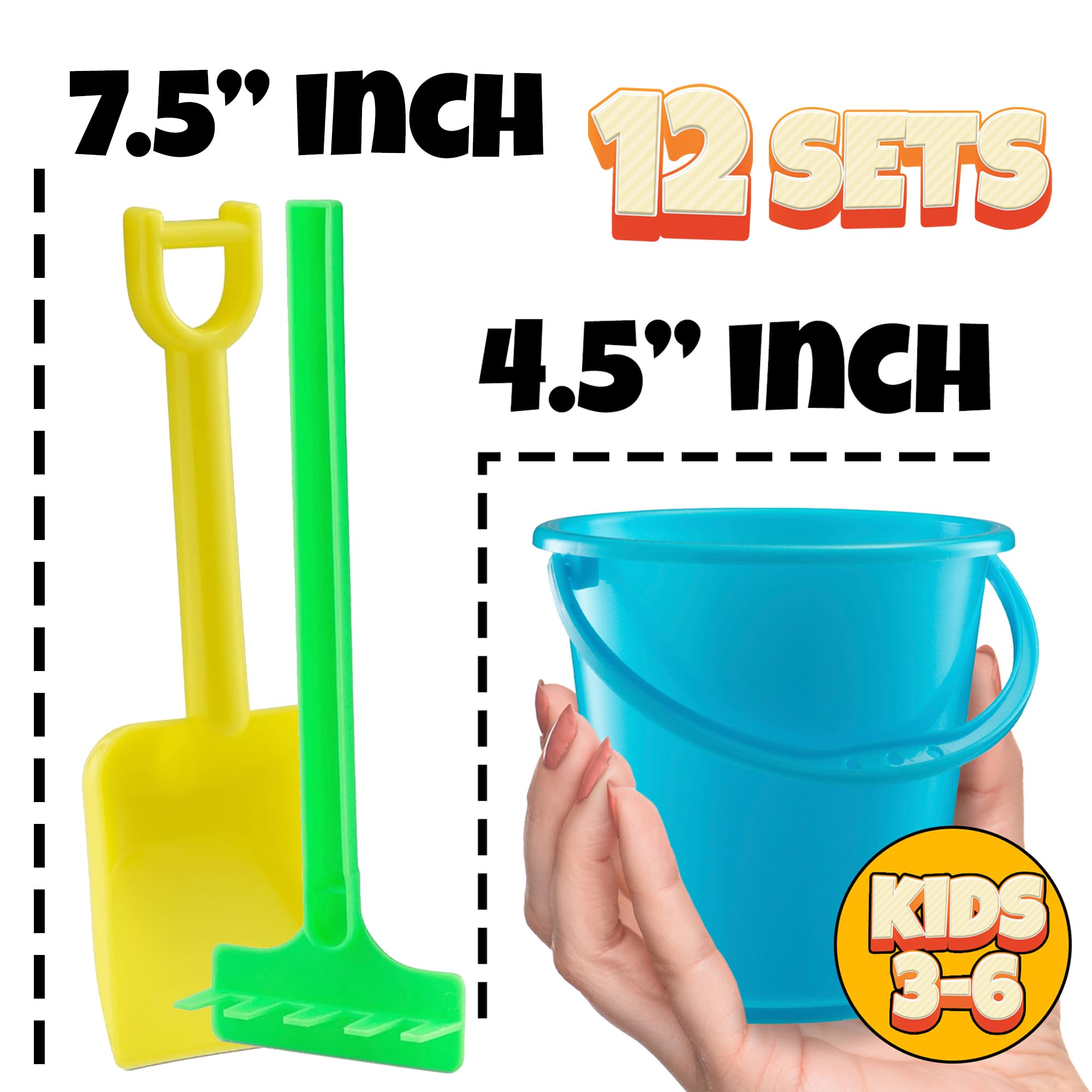 Mini 4.5-Inch Beach Buckets for Kids - (12 Pack) Sand Buckets and Shovels with Rakes - Small Beach Pails - Sturdy Unbreakable Plastic - Beach Party Favors for Toddlers Ages 3-6