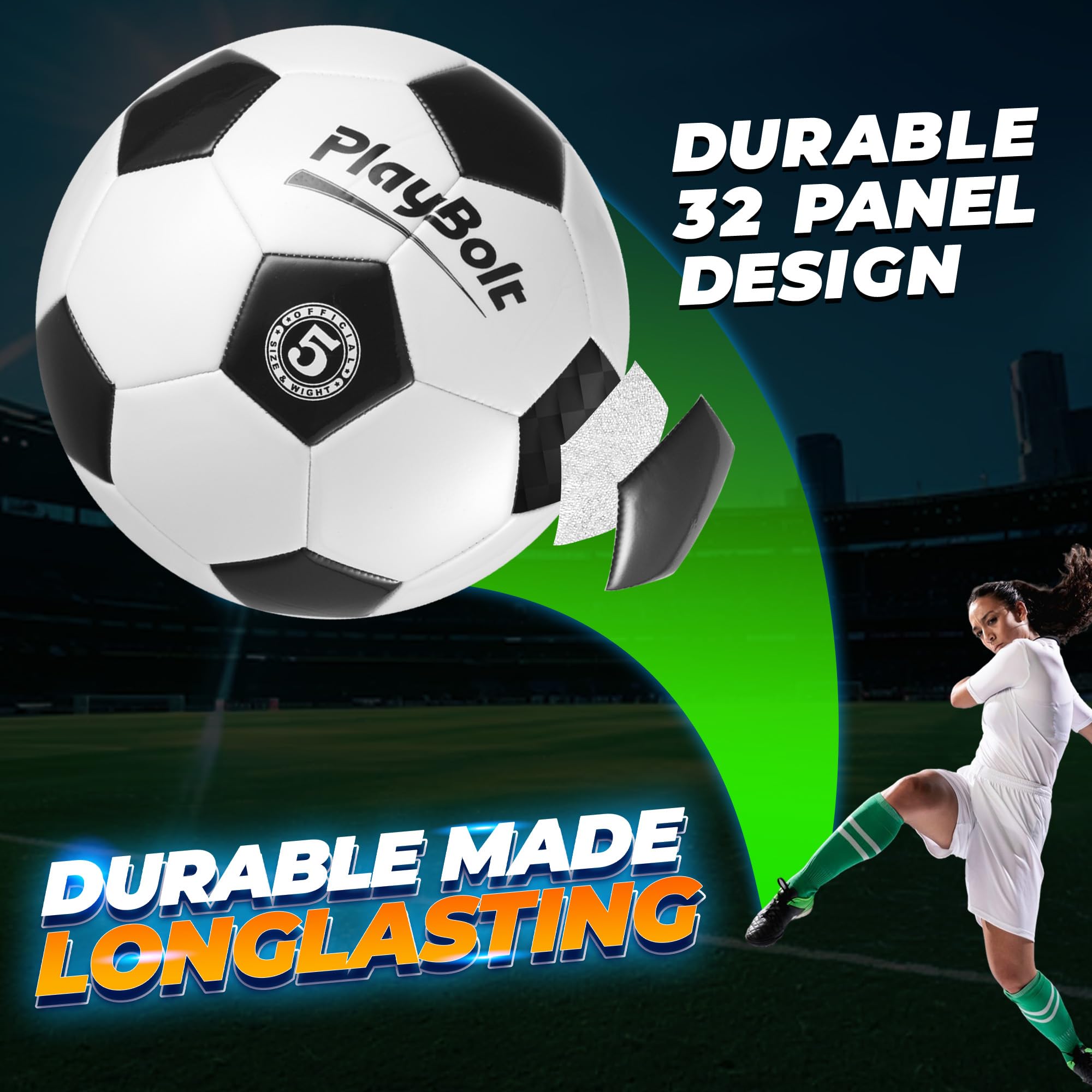 PlayBolt Soccer Ball Size 5 - Official Size Soccer Balls with Pump in Classic Black and White for Kids Youth & Adult Sports, Indoor & Outdoor (Pack of 1)