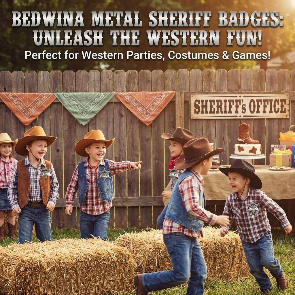 Bedwina Metal Sheriff Badges - (Pack of 24) Silver Star Name Badges with Stickers for Personalized Names, Western Cowboy Dress Up Deputy's Badge Toys for Kids Birthday Party Favors, Giveaways & More