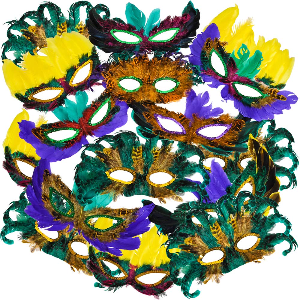 Bedwina Mardi Gras Masks - (Pack of 12) Bulk Carnival Masquerade Mask Costume Party Supplies, Feather Mardi Gras Decorations for Women, Men and Kids