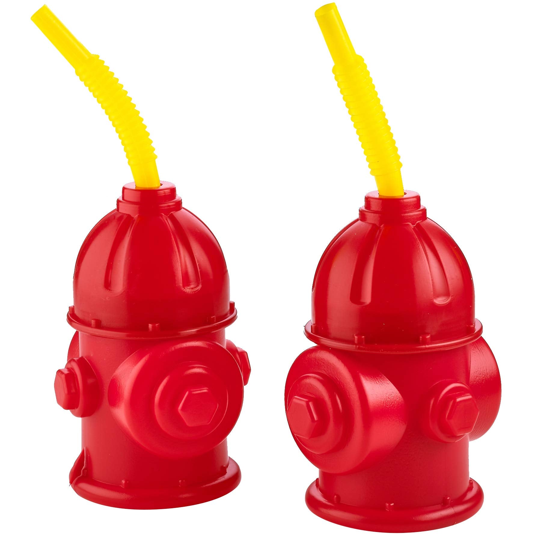 Bedwina Straw Fire Hydrant Cups with Lids - (Pack of 4) Reusable 12 oz, Red Plastic Fire Truck Party Supplies Cups and Firefighter Birthday Party Favors for Kids