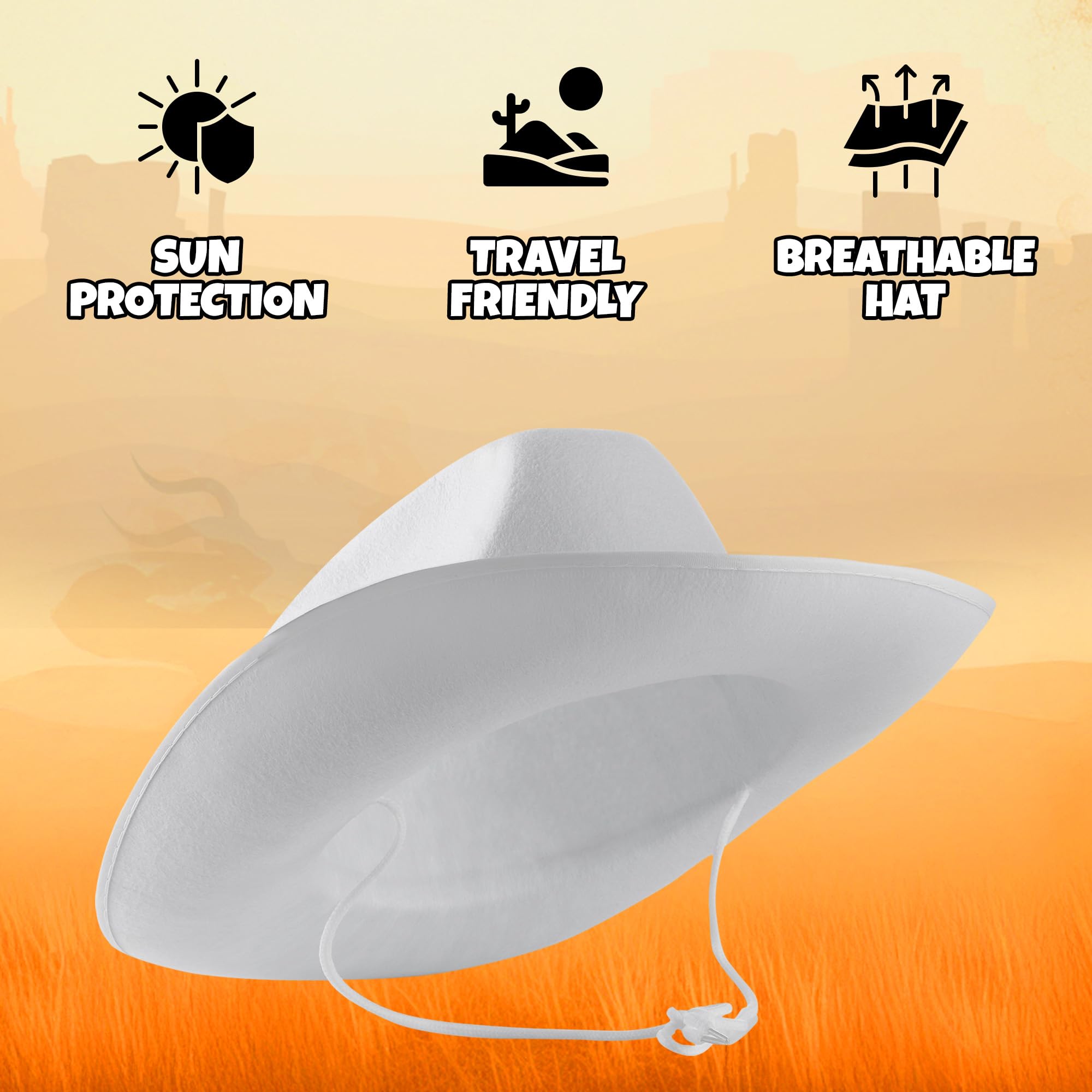 Bedwina White Cowboy Hats for Adults & Teens - (2 Pack) Felt Western Cowgirl & Cowboy Hats with Adjustable Chin Strap - Costume Accessory for Dress-Up, Rodeo, Party, Play, Festivals, Girls & Boys