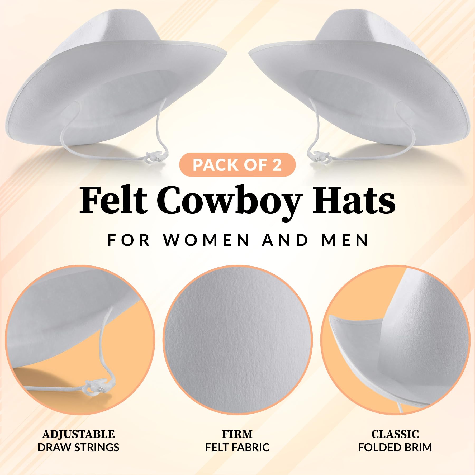 Bedwina White Cowboy Hat - (Pack of 2) for Adults with Adjustable Neck Drawstring, Dress-up Parties, and Play Costume Accessories, Fits Most Teen Girls Boys