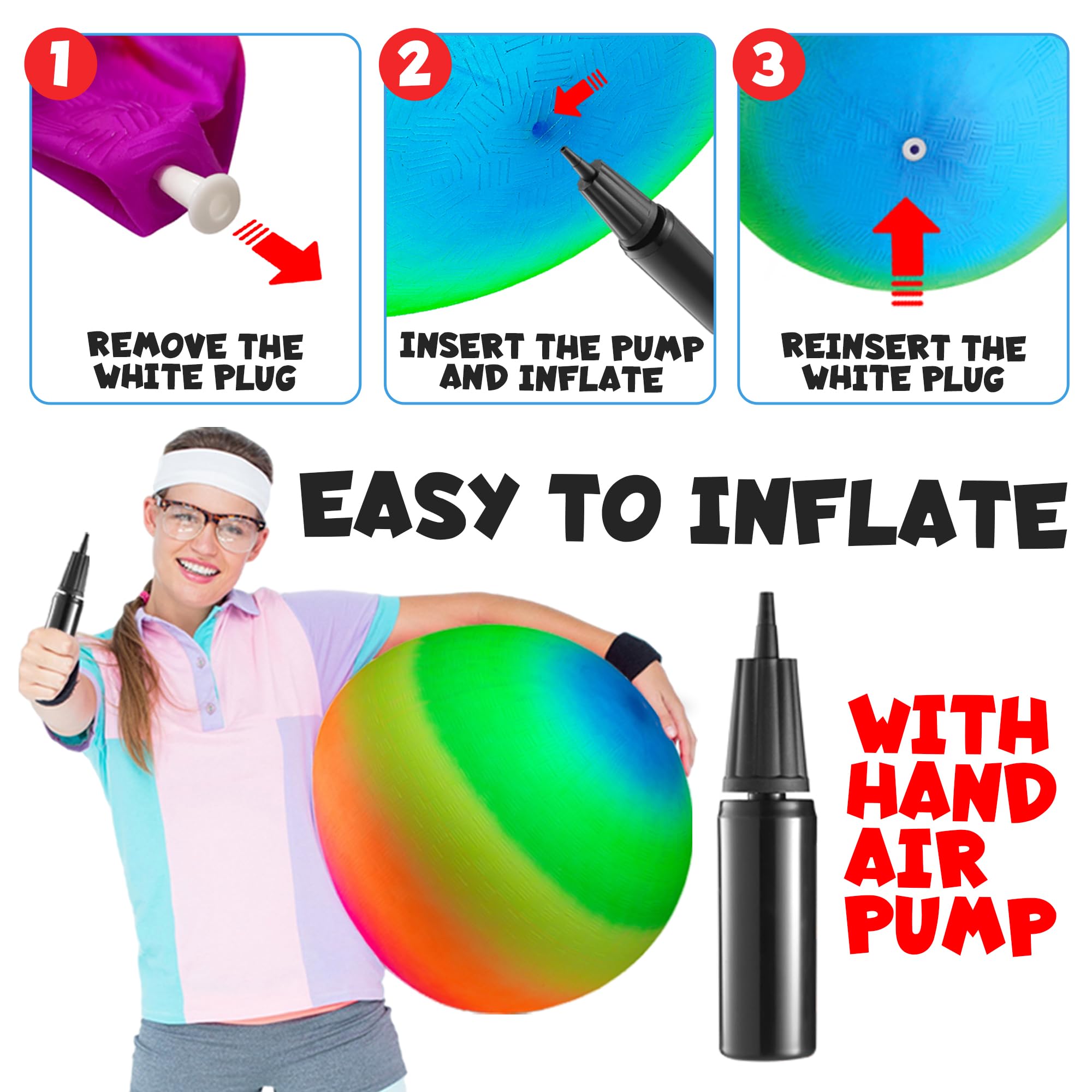 18 Inch Rubber Playground Balls for Kids - (2-Pack) Giant Large Rainbow Inflatable Bouncy Play Ball - Big Size, Kickballs, Fun for Park, Recess, Backyard, Indoor and Outdoor Games with Hand Pump