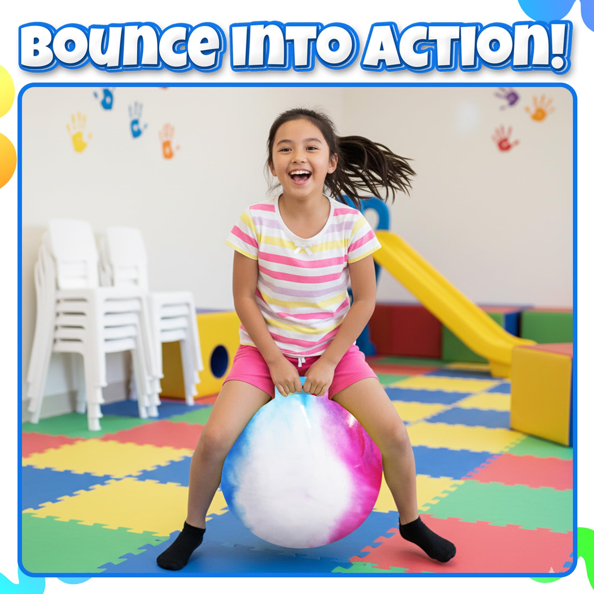 Bedwina Hopper Ball with Handle for Kids 22-inch (55cm) Bouncy Balls for Kids, Jumping Kangaroo Hippity Hop, Hopping Sit and Spin with Handle with Hand Pump, Marble Blue/Red/White