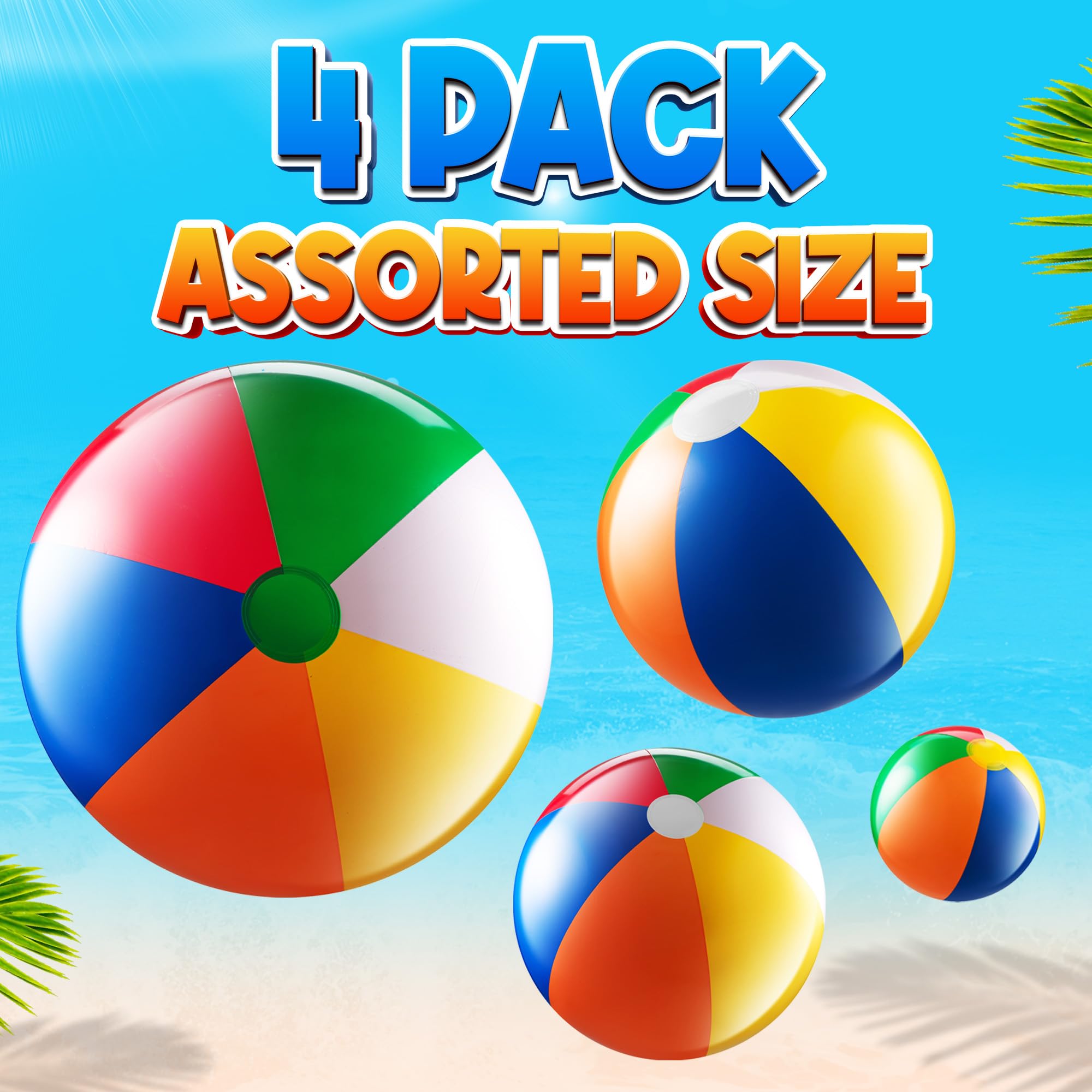 Bedwina Inflatable Beach Balls - (4 Pack) Rainbow Beach Balls for Kids in 6", 12", 16", 24" Sizes - Colorful Blow Up Pool Toys for Beach Games, Summer Party Decor & Outdoor Fun