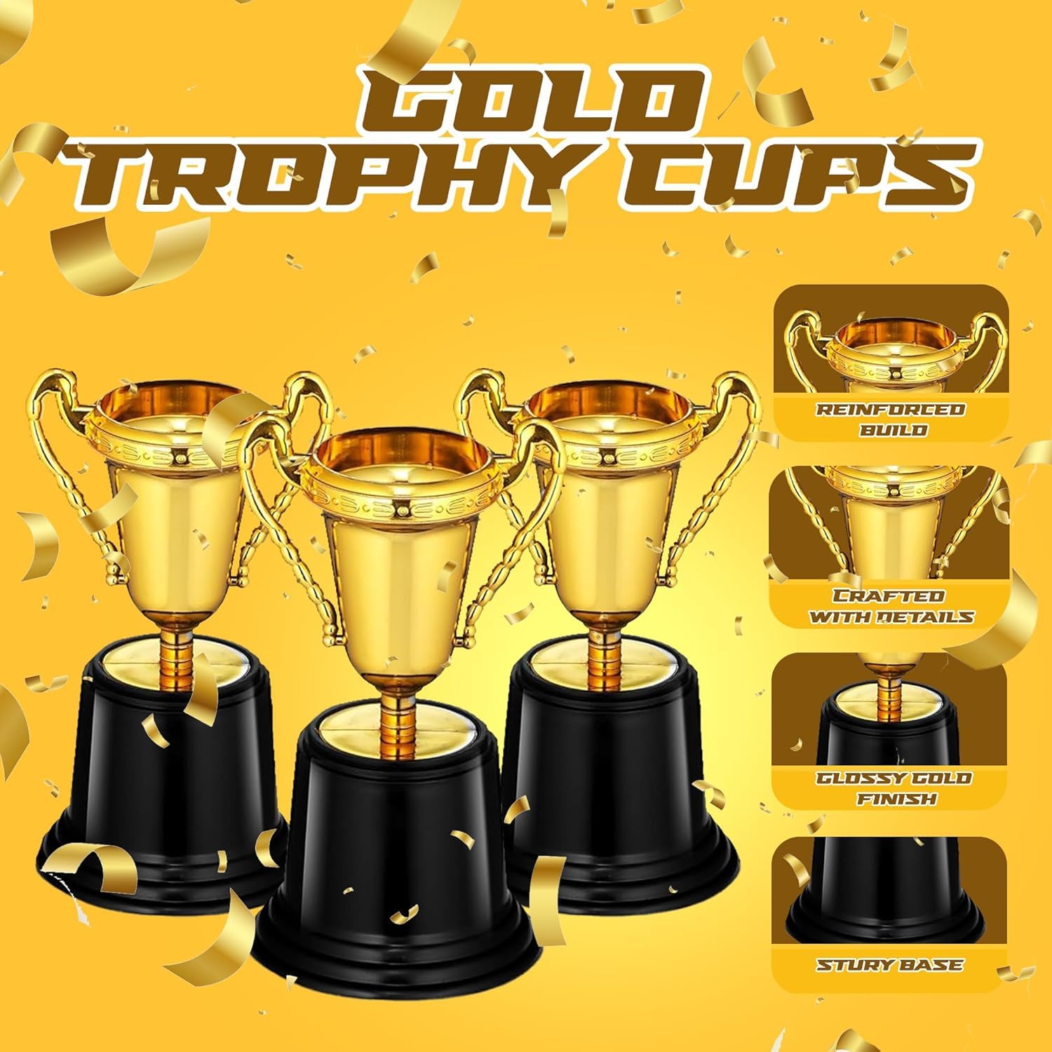 Bedwina Gold Award Trophy Cups - Pack of 12 Bulk - Plastic Gold Trophies for Party Favors, Props, Rewards, Winning Prizes, Competitions for Kids and Adults