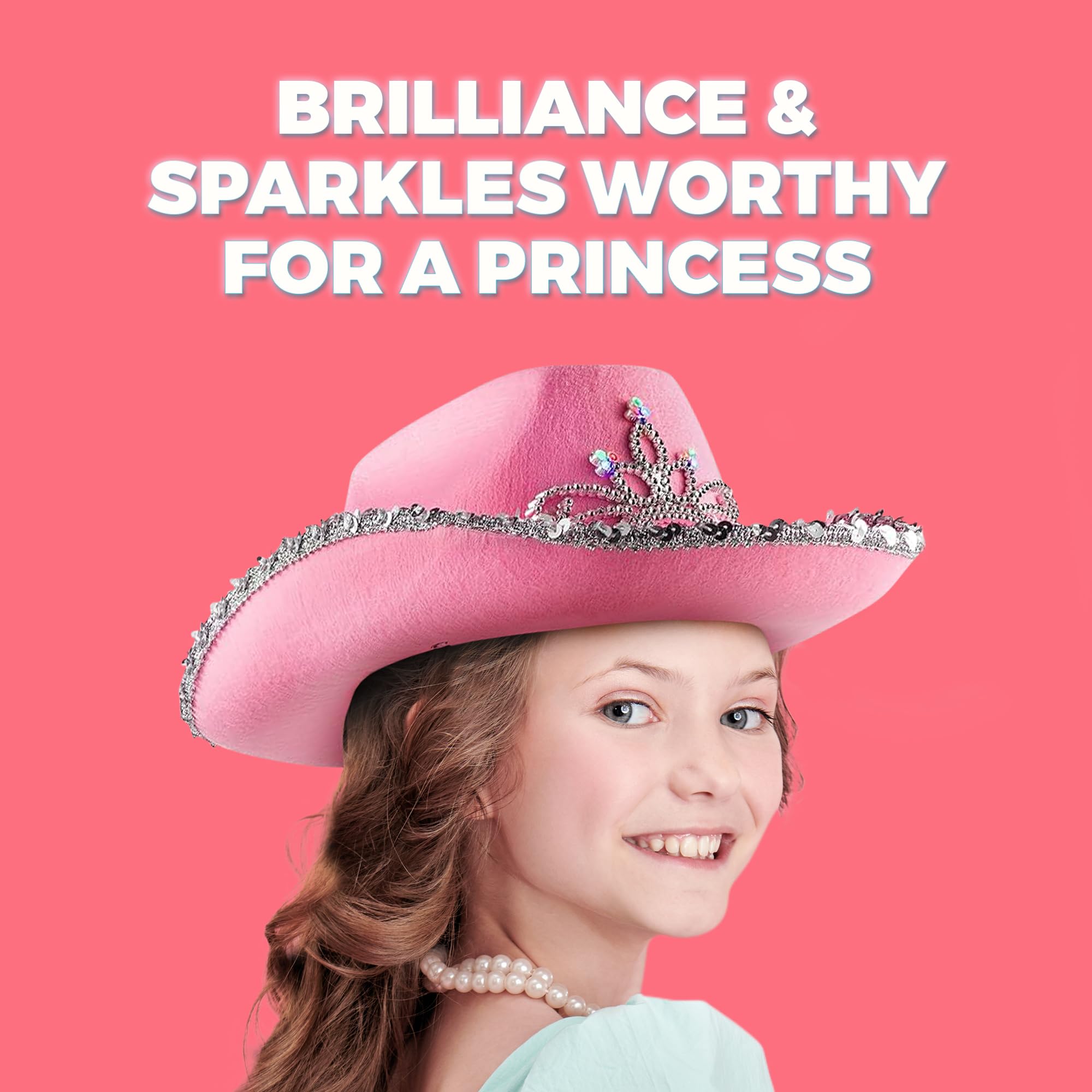 Light Up Pink Cowgirl Hat for Girls - (Pack of 2) Kids Cowboy Hat with Blinking Tiara Sequin Trim Fringe and Drawstring, Felt Girls Pink Cowboy Hat Costume Party Accessory, Dress-Up, 6x7-Inch