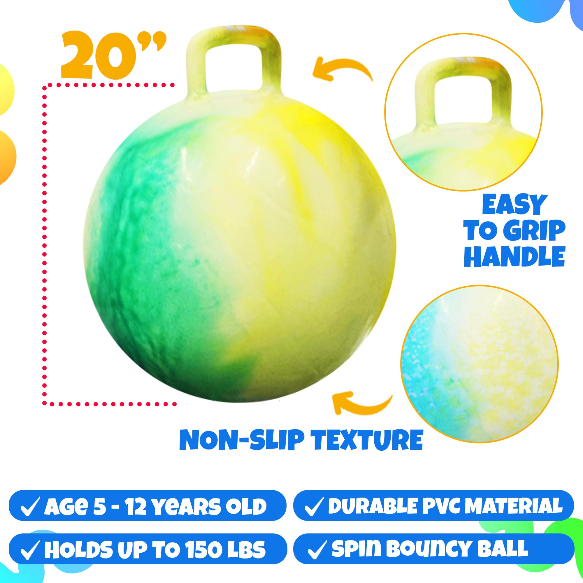 Bedwina Hopper Ball with Handle for Kids 20-inch (50cm) Bouncy Balls for Kids, Jumping Kangaroo Hippity Hop, Hopping Sit and Spin with Handle with Hand Pump, Marble Green & Yellow