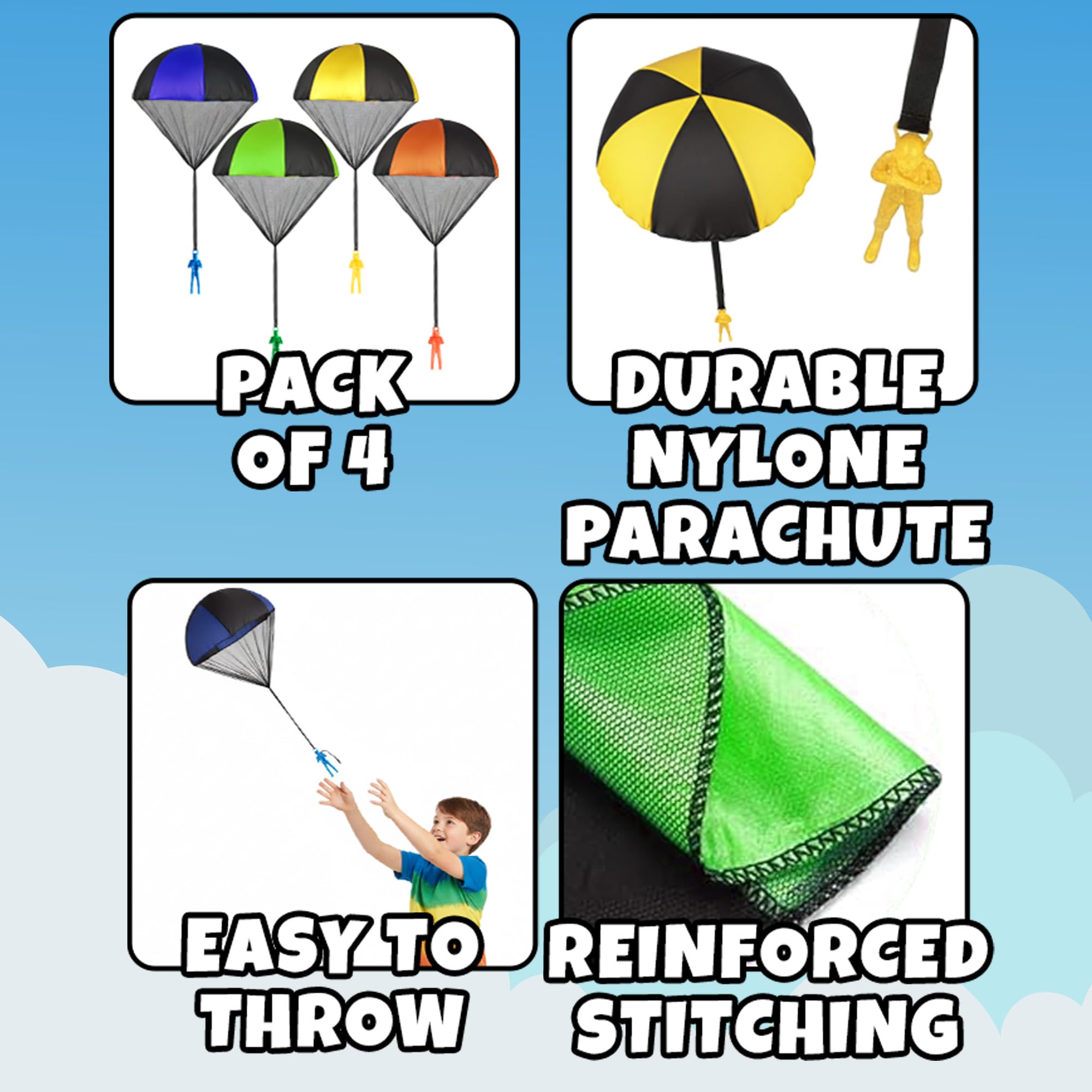 Parachute Men Toys for Kids - (Pack of 4) Police, Army, Firefighter & EMT Figures w/ Tangle-Free Parachutes - Outdoor Flying Toys for Kids, Party Favors, Birthday Gifts for Boys & Girls Ages 3+