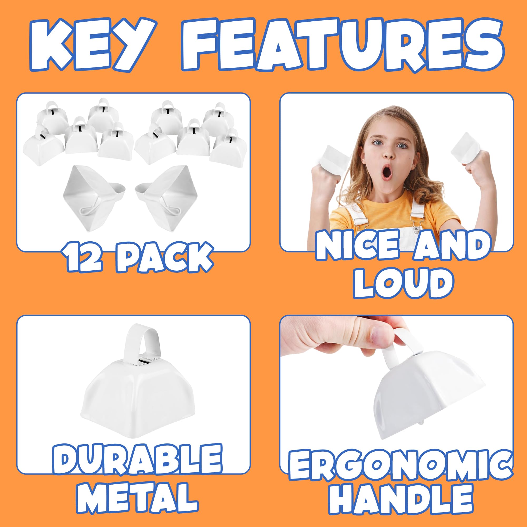 Metal Cowbells - 3 Inch Cow Bells Noise Makers, Loud Call Bell with Handles for Sporting Events, Cheering, Team Spirit, Noisemakers, Weddings, (Pack of 12)