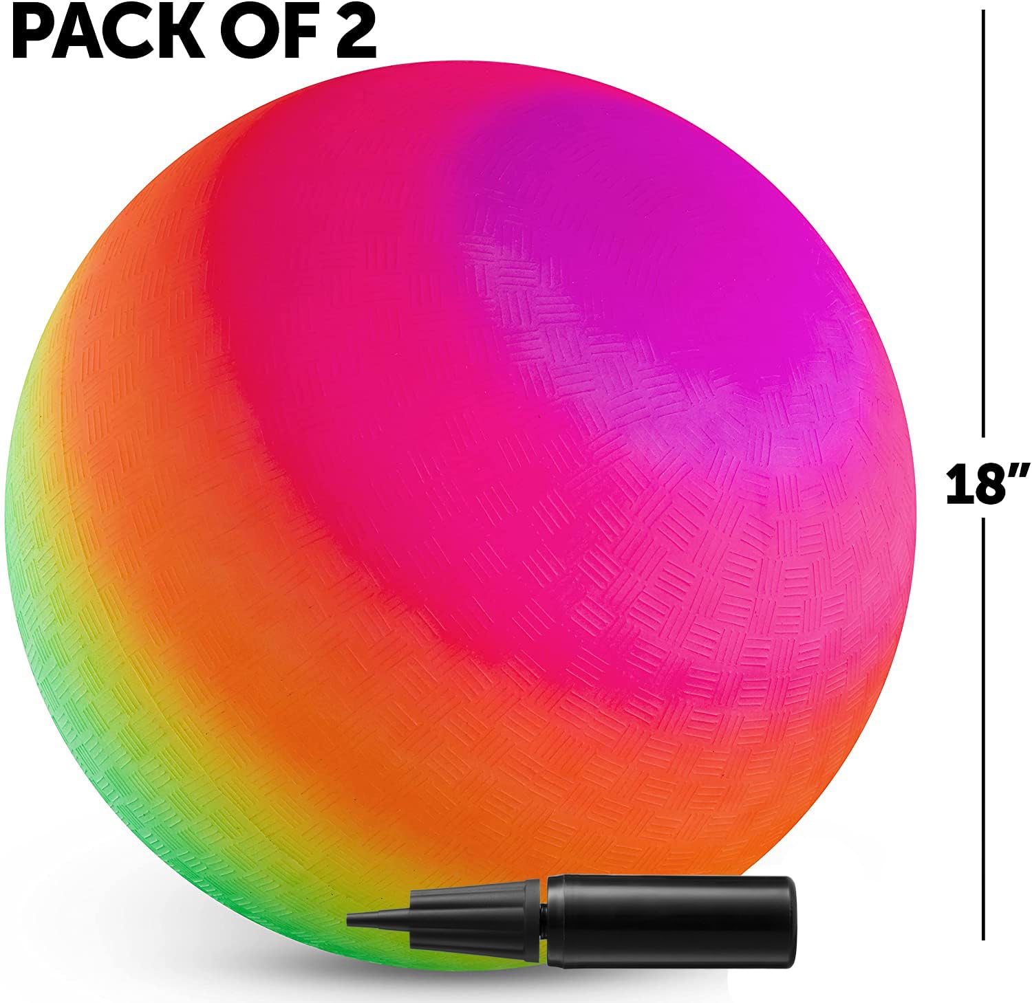 Bedwina 18 Inch Rubber Playground Balls for Kids - (Pack of 2) Jumbo Size Rainbow Inflatable Backyard Play Balls and Bouncing Kickballs Fun for Park, Indoor and Outdoor Games with Hand Pump
