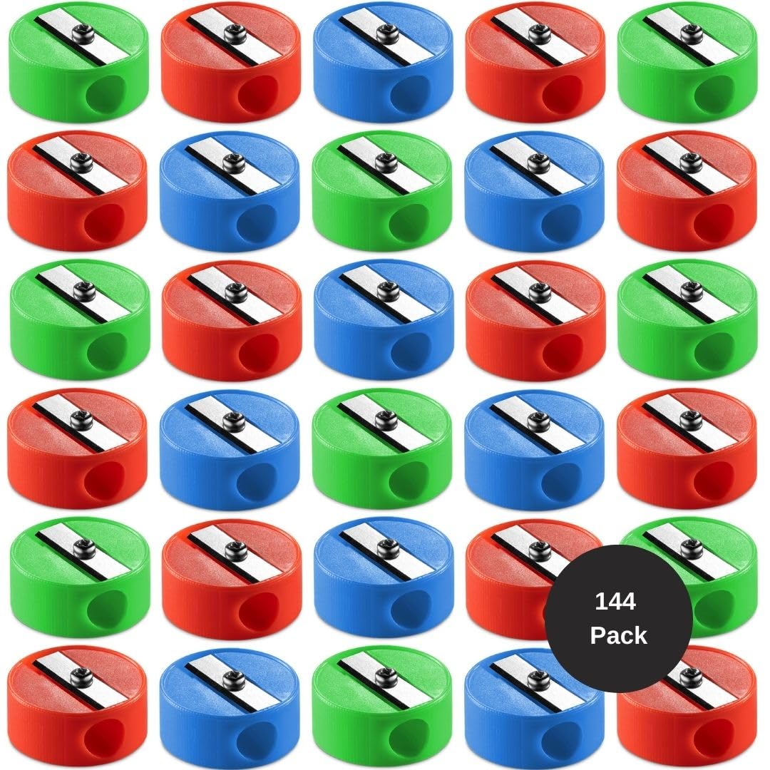 Bedwina Pencil Sharpeners in Bulk - 144 Pack Pocket Sized Mini Handheld Colored Pencil Sharpener Manual for Kids, Plastic and Colorful for Party Favors, Goodie Bags, Classroom Prizes, School Supplies