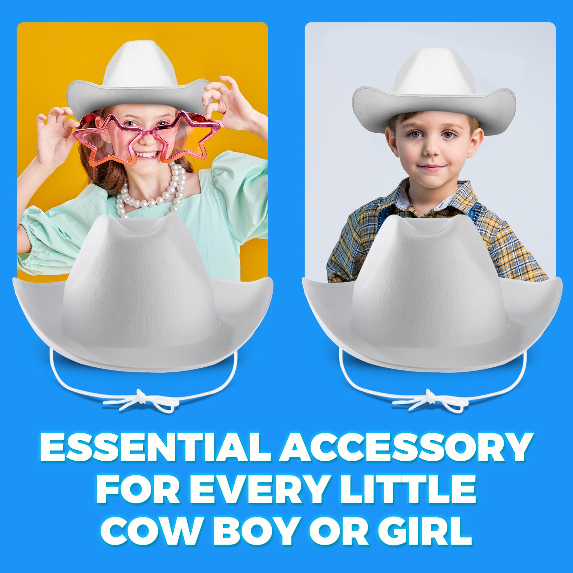 White Felt Cowboy Hats (2-Pack) with Neck Drawstring for Kids' Dress-Up, Costumes, Crafts, and Parties