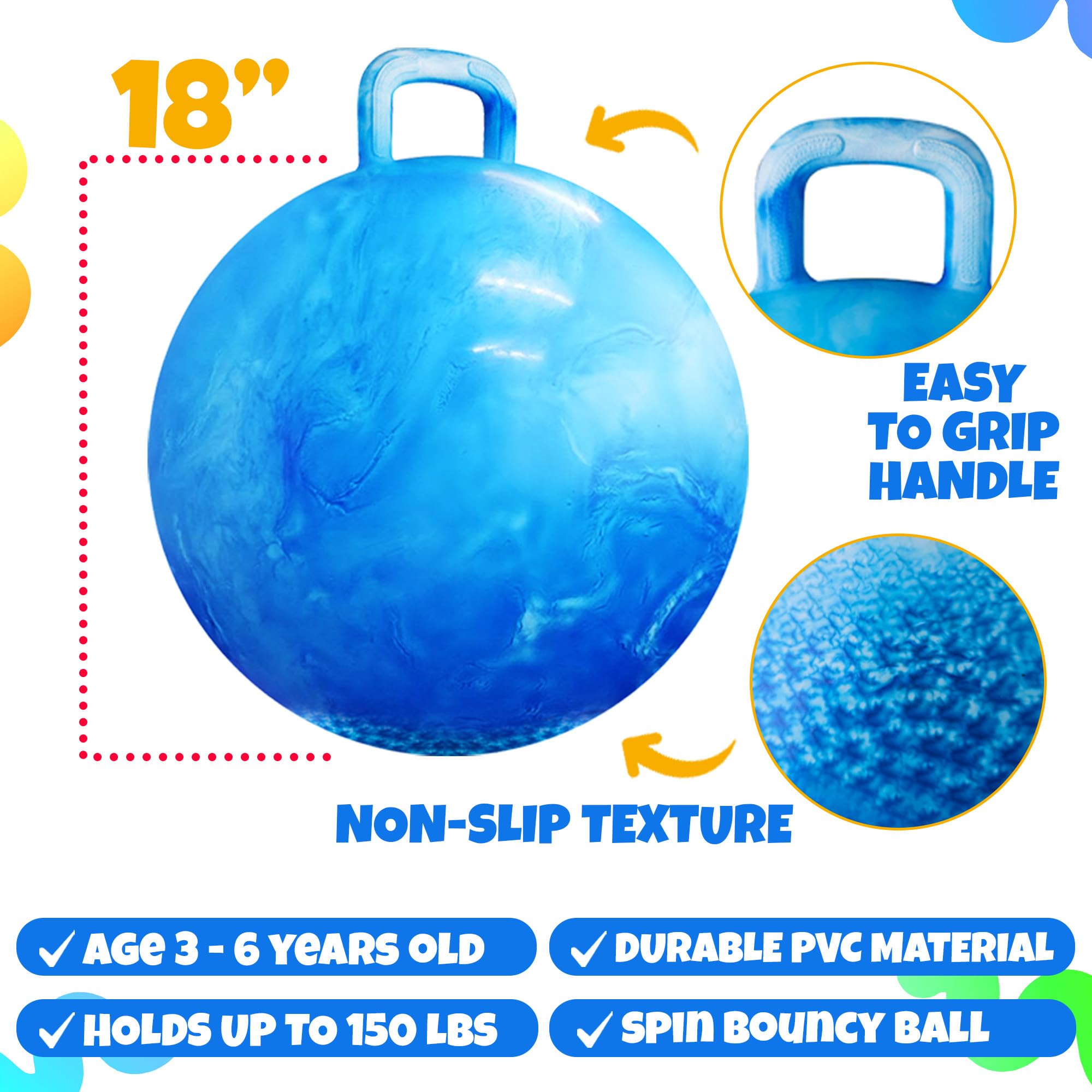 Bedwina Hopper Ball with Handle for Kids 18-inch (45cm) Bouncy Balls for Kids, Jumping Kangaroo Hippity Hop, Hopping Sit and Spin with Handle with Hand Pump, Marble Blue & White