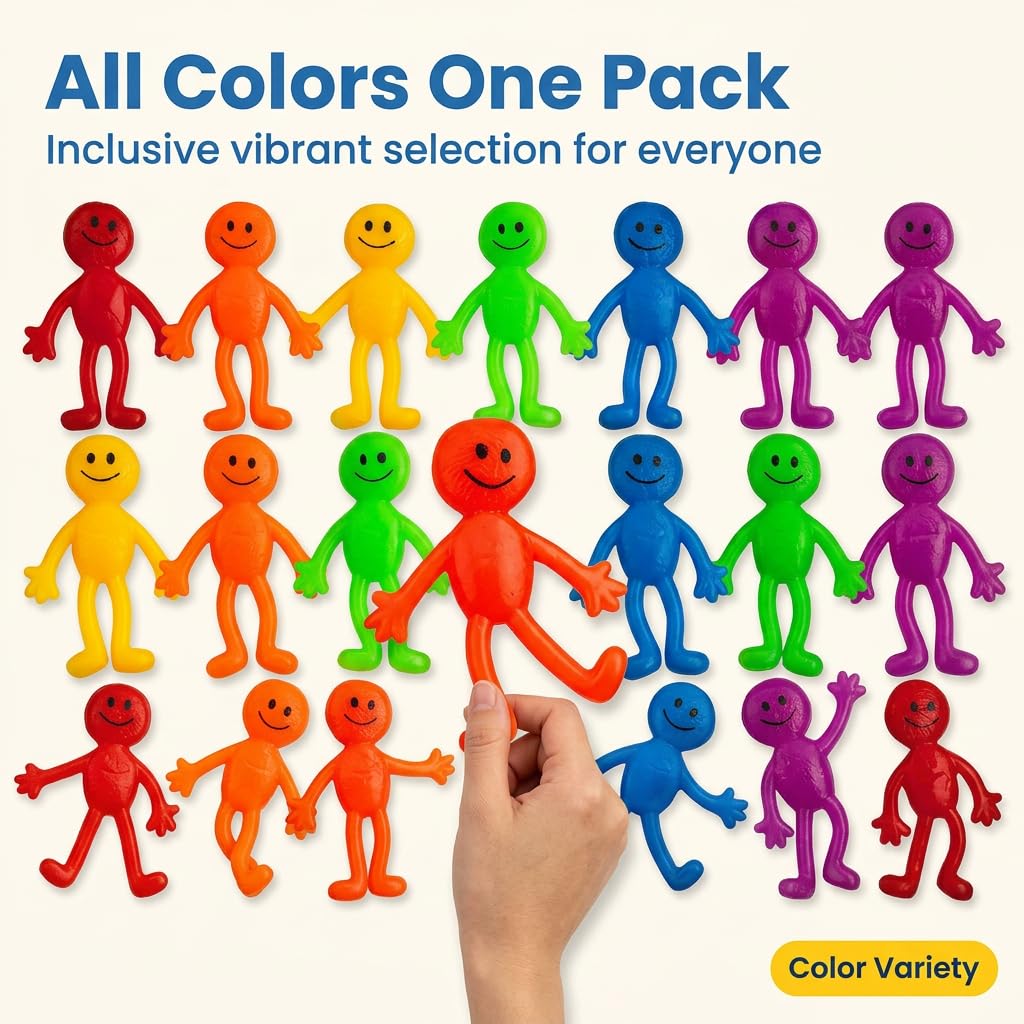 Stretchy Bendable Man (36 Pack) Assorted Fun Colors, A Sticky, Stretchable, Slimy, Gooey Texture, Toy for Stress Anxiety Relief, Great Party Favor, Stocking Stuffer
