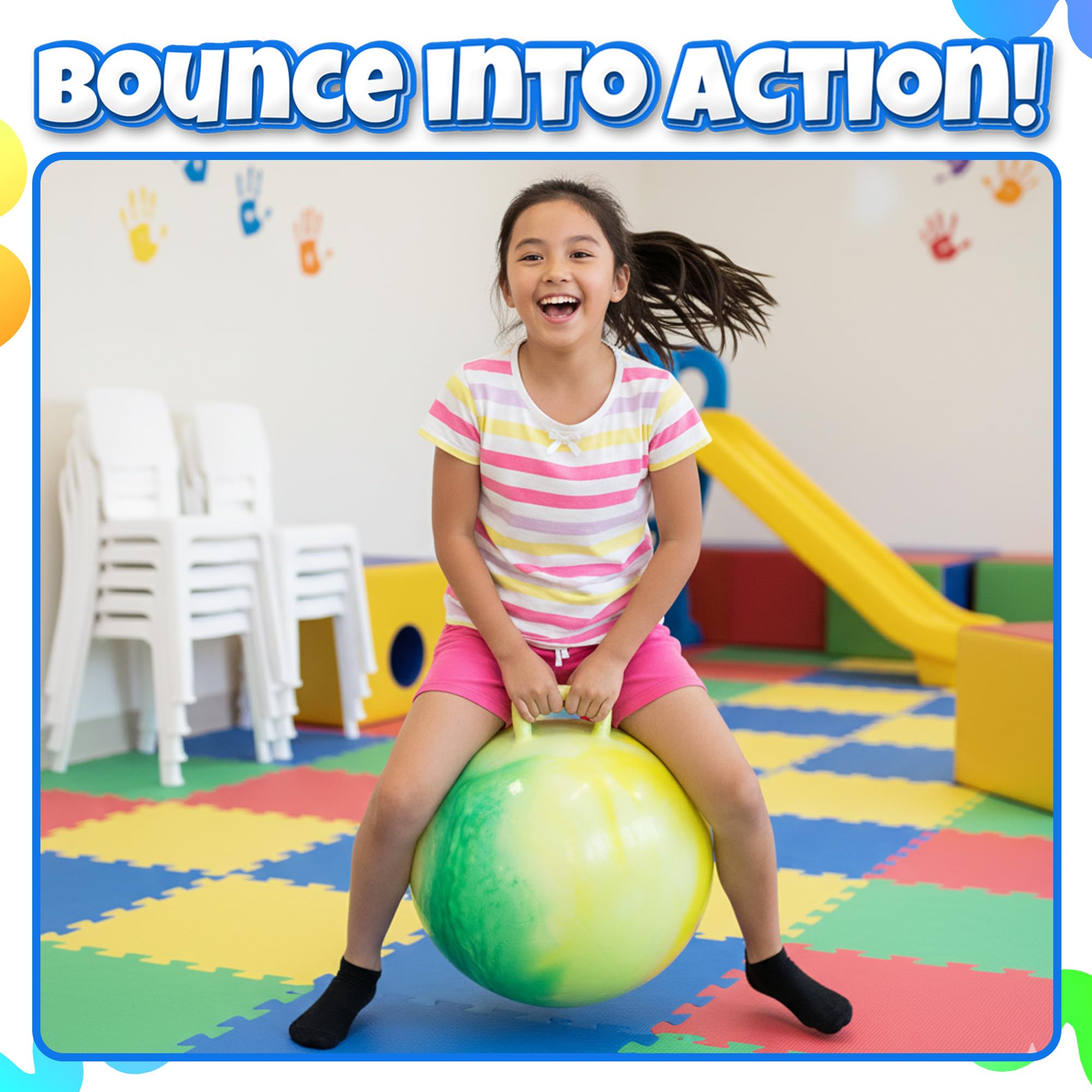 Bedwina Hopper Ball with Handle for Kids 22-inch (55cm) Bouncy Balls for Kids, Jumping Kangaroo Hippity Hop, Hopping Sit and Spin with Handle with Hand Pump, Marble Green & Yellow