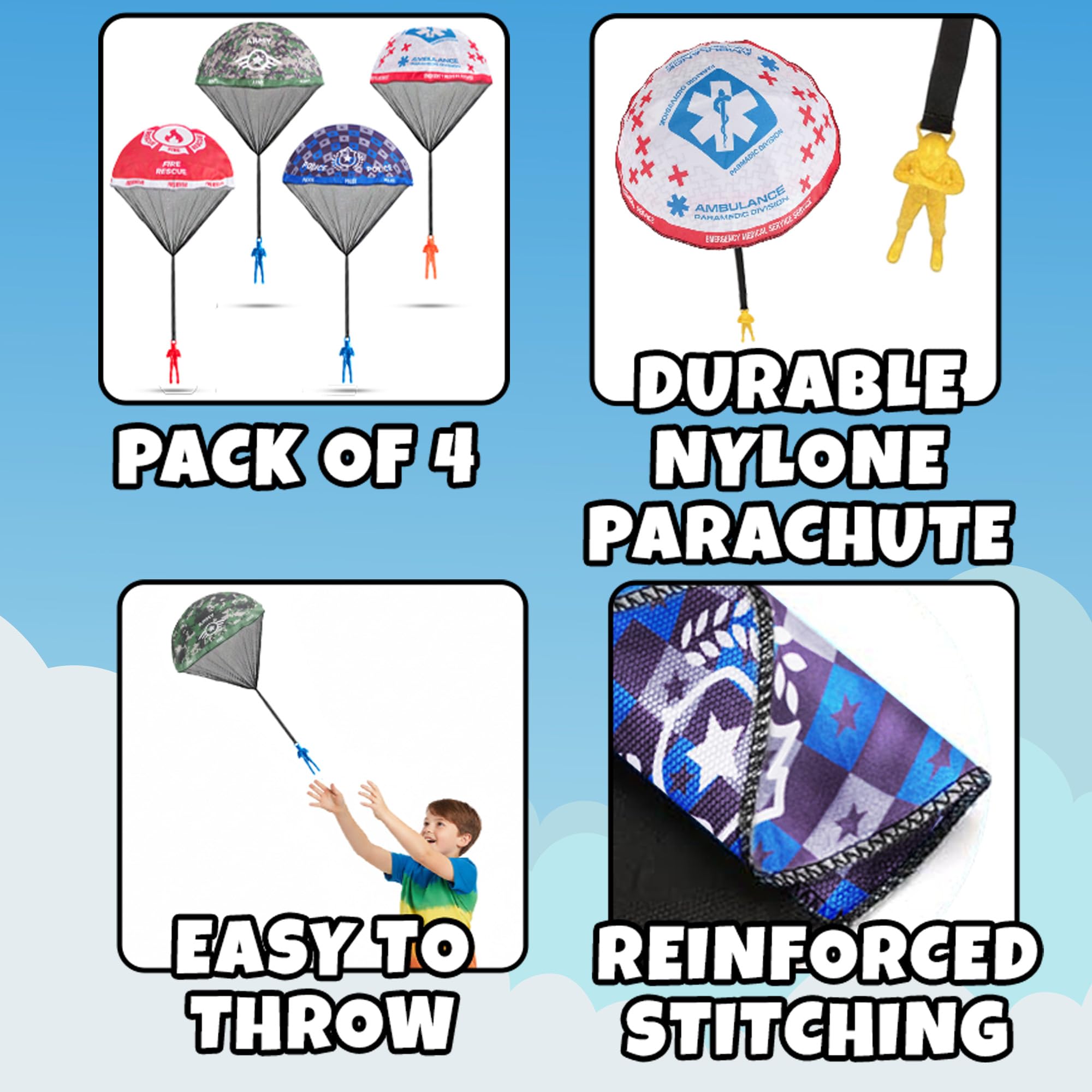 Parachute Men Toys for Kids - (Pack of 4) Police, Army, Firefighter & EMT Figures w/ Tangle-Free Parachutes - Outdoor Flying Toys for Kids, Party Favors, Birthday Gifts for Boys & Girls Ages 3+