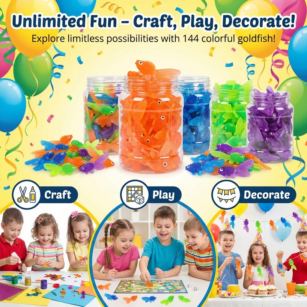 Bedwina Plastic Vinyl Goldfish - 144 Pcs, 2 Inches Long Gold Fish Toys in Assorted Colors for Party Favors for Kids, Decorations, Crafts, Games and Birthday Party Supplies