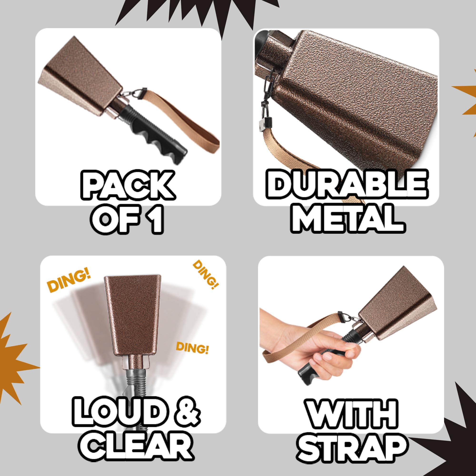 9" Metal Cowbells with Handle - Cow Bells Loud Cheering Noise Makers for Sporting Events, Football Games, School Spirit, Rallies & Celebrations - Black or Copper Percussion Music Instrument