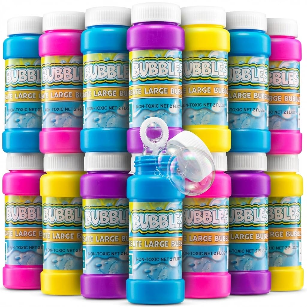 Party Bubbles for Kids - (Bulk Pack of 24) 2-oz Bubbles Bulk Solution with Bubble Wands Assorted Neon Colors for Outdoor Toys Summer Games, Birthday Party Favors, & Goodie Bags Stuffers
