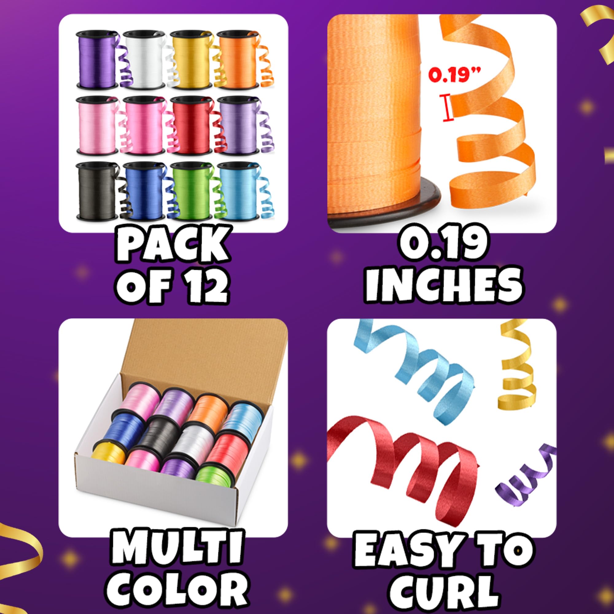 12-Rolls Curling Ribbon for Gift Wrapping - 3/16in x 125 Feet Per Roll - Curling Balloon String Ribbon Set for Presents, Bows, DIY Arts & Crafts, Wedding, Happy Birthday Decorations, Assorted Colors