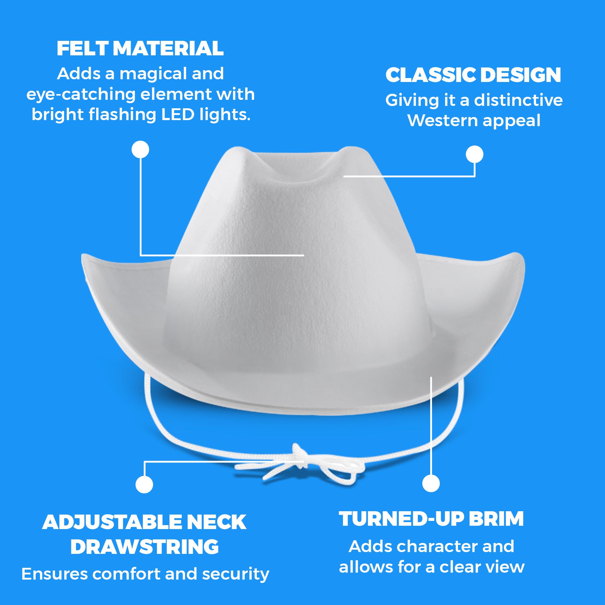 White Felt Cowboy Hats (2-Pack) with Neck Drawstring for Kids' Dress-Up, Costumes, Crafts, and Parties