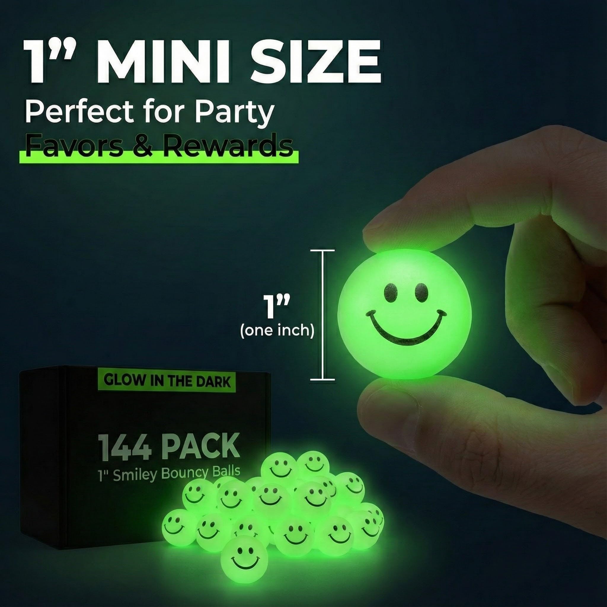 Bedwina Bulk Bouncy Balls Glow in The Dark - 144 Pcs (1inch / 27mm) Diameter, High Bouncing, Small Rubber Smile Face Bouncing Balls for Kids, Vending Machines, Party Favor