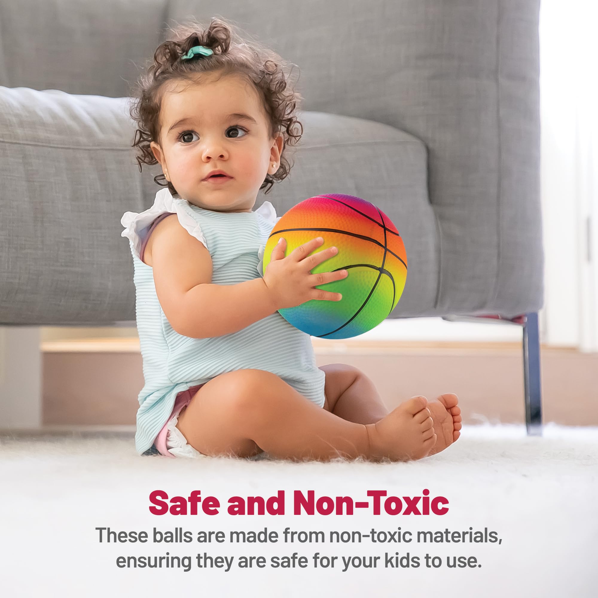 Bedwina Mini Rainbow Sports Balls - 5 Inch (Pack of 4) Inflatable Vinyl Balls for Kids and Toddlers with Hand Air Pump, Basketball, Volleyball, Soccer for Playground, Indoor and Outdoor