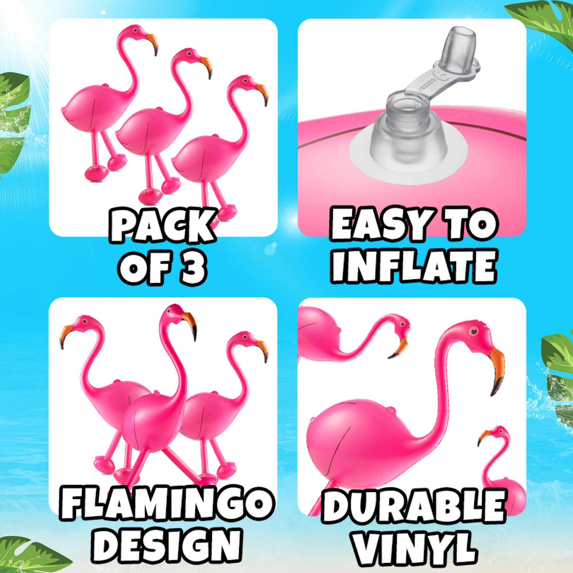 Inflatable Flamingo Party Decorations - (Pack of 3) 28" Tall Large PVC Flamingo Animal Blow-Up Pool Toy for Kids - Summer Outdoor Backyard & Tropical Hawaiian Luau BBQ Party Decor