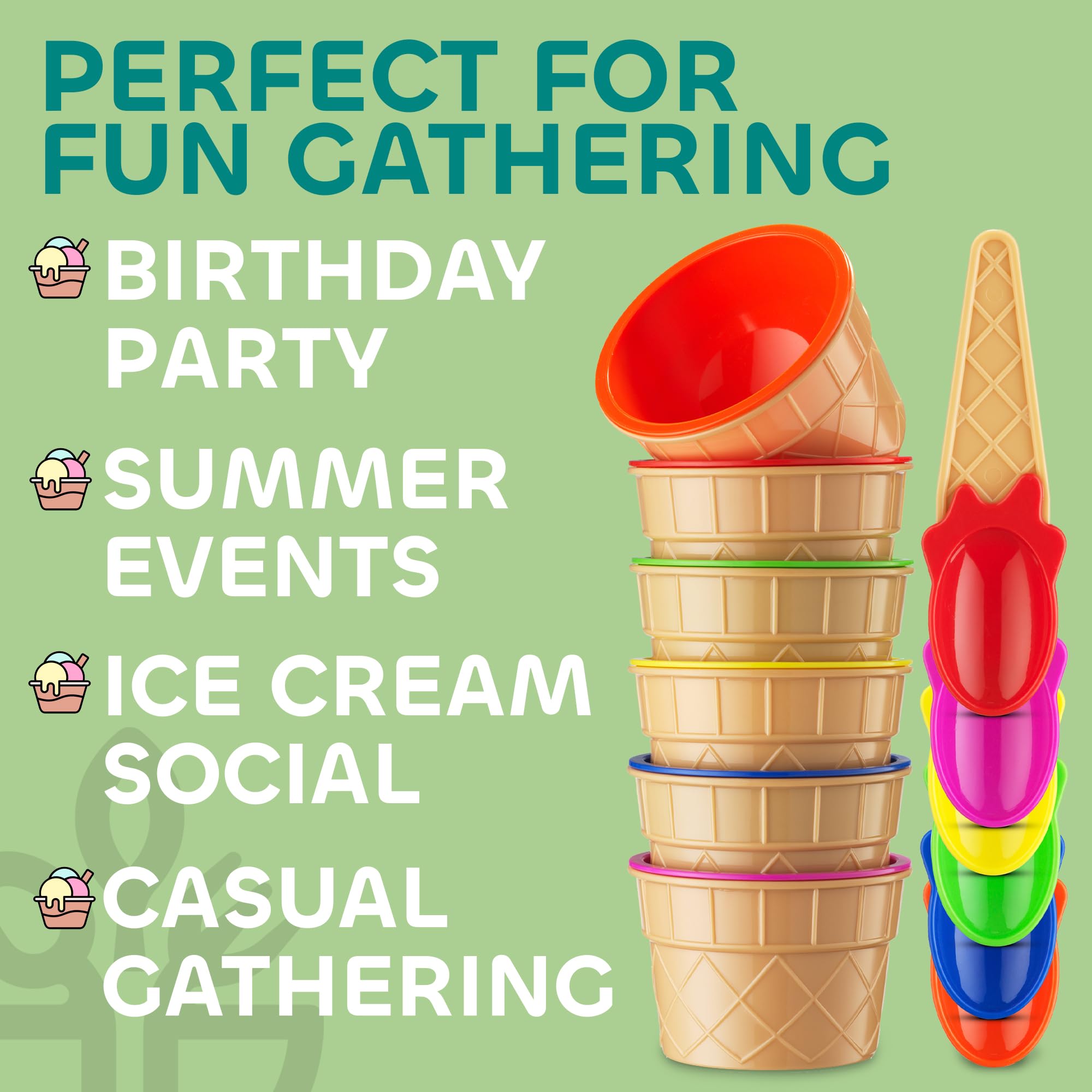 JoyServe Ice Cream Bowls and Spoons Set - Reusable Plastic Ice Cream Cups and Waffle Cone Shaped Spoons for Dessert Ice Cream Sundaes, Frozen Yogurt, Gelato, Birthday Party Decorations