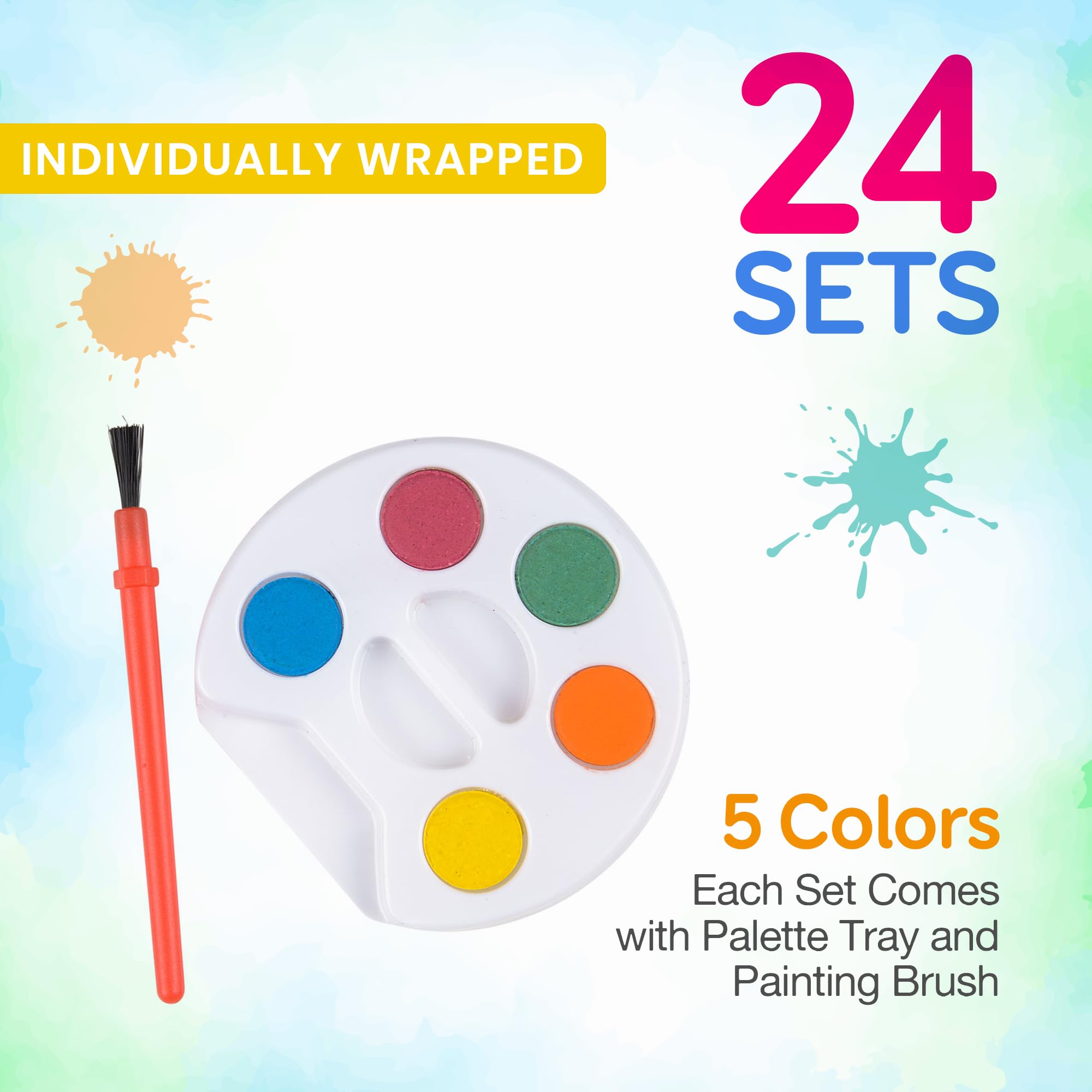 Bedwina Mini Watercolor Kids Paint Set - (Bulk Pack of 24) - 5 Watercolor Paints, Palette Tray and Painting Brush, for Art Party Favors and Paint Party Supplies