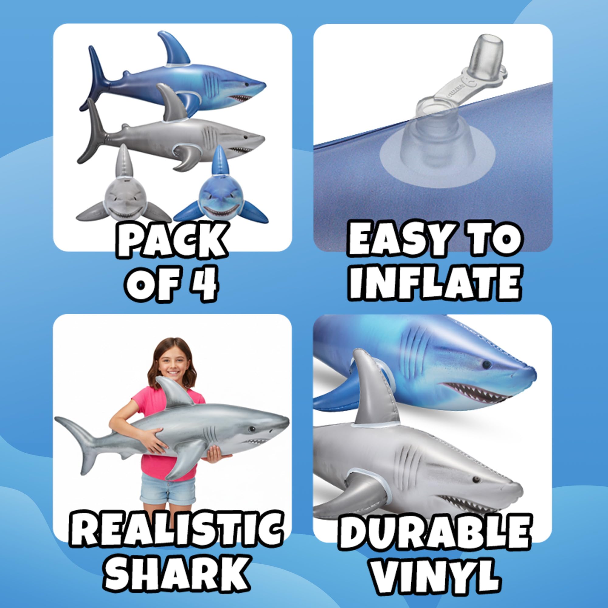 Inflatable Shark Birthday Party Decorations & Pool Toys - 4 Pack (2 Grey, 2 Blue) Large 23-Inch Blow-Up Shark Float Party Supplies for Kids or Adults Birthday, Beach, Summer Games & Party Favor Gifts