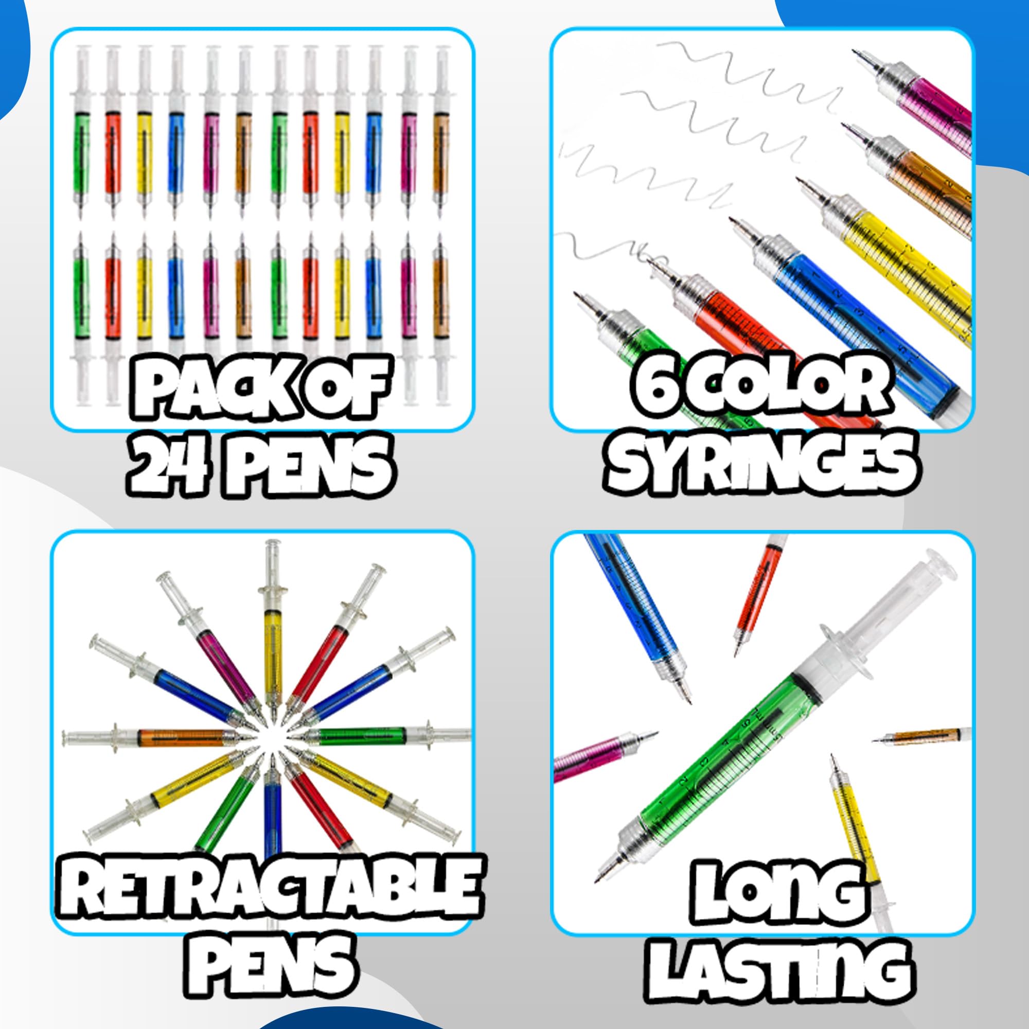 Bedwina Syringe Pens - (Bulk Pack of 24) Retractable Fun Multi Color Novelty Pen for Nurses, Nursing Student School Supplies, Birthdays, Stocking Stuffers and Toy Party Favor Gifts
