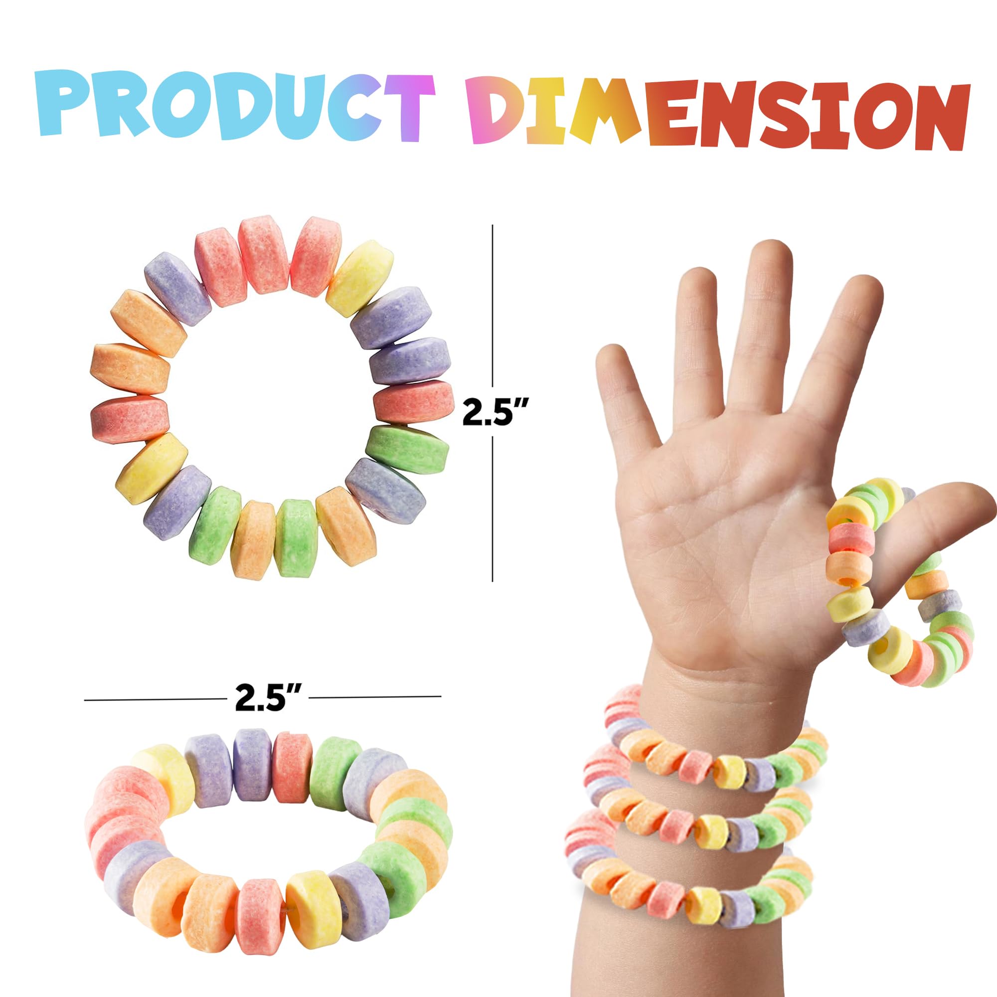 36-Pack Candy Bracelets for Kids 2.5 Inch - Individually Wrapped Bulk Novelty Candy - Stretchable Edible Fruit Flavor Rainbow Bracelets for Birthday Party Favors, Valentine's Day Treats & Goodie Bags